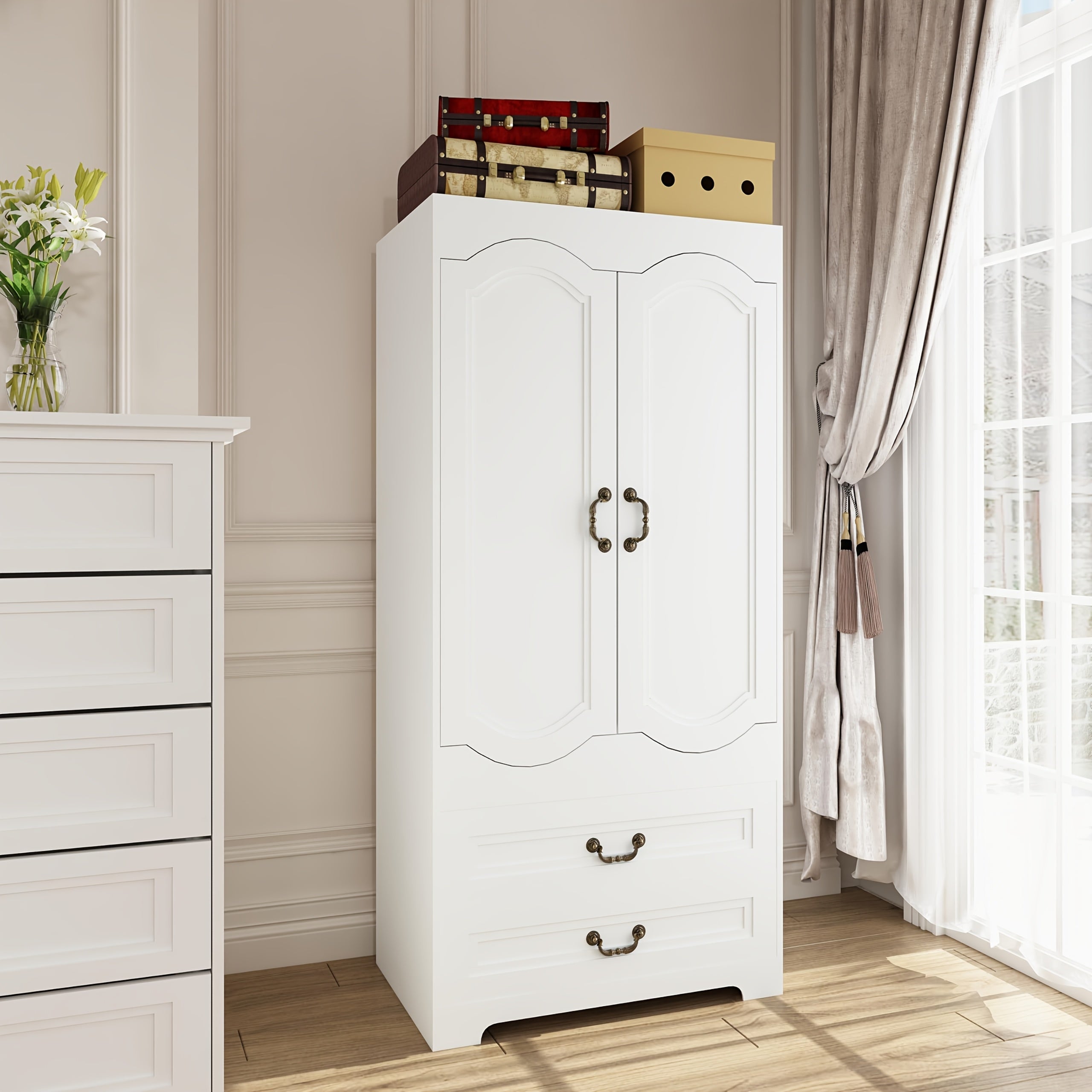 Armoire Wardrobe Closet With 2 Drawers, Easy-to-assemble Tall Wooden Wardrobe Closet With 2 Doors And Hanging Rail, Free Standing White Armoire For Bedroom