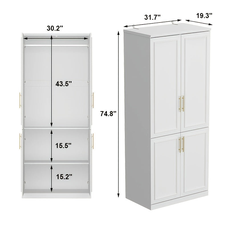 Armoire Wardrobe Closet with 4 Doors, Wardrobe with Hanging Rod, Modern Wardrobe Closet with Shelves