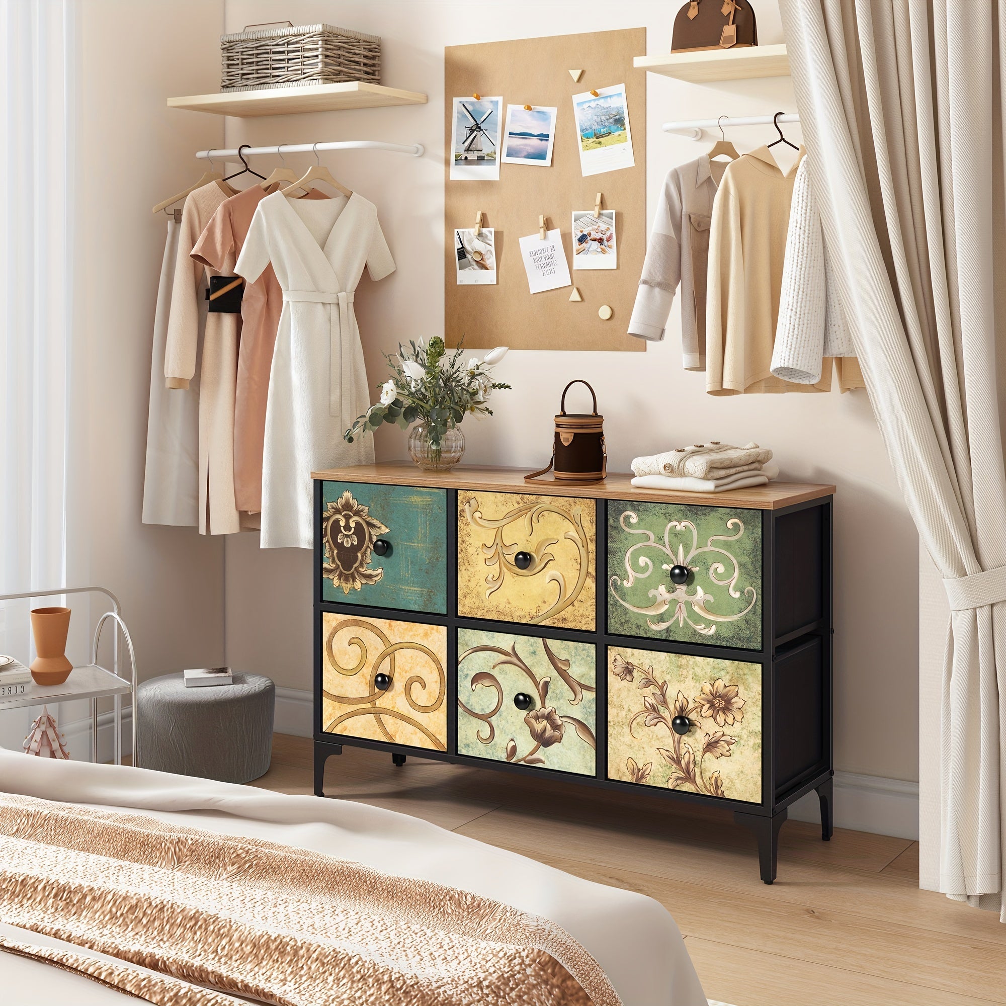 6 Drawer Dresser for Bedroom, Dresser for Closet, Sturdy Steel Frame, Wooden Top, 25.9'' H X 39.4'' W X 11.7'' D