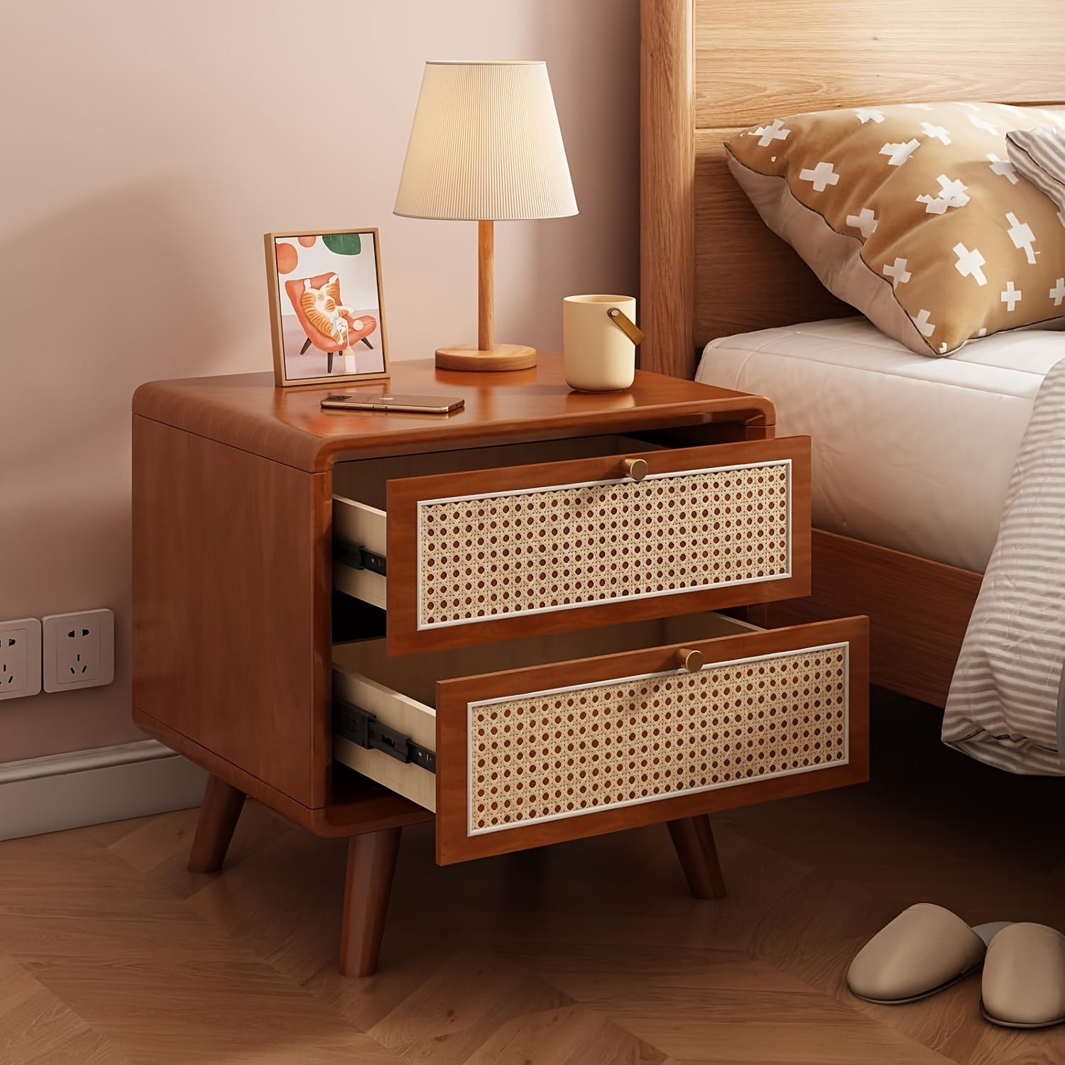 Rattan Bedside Table (Walnut Color, Cherry Color, Wood Color)