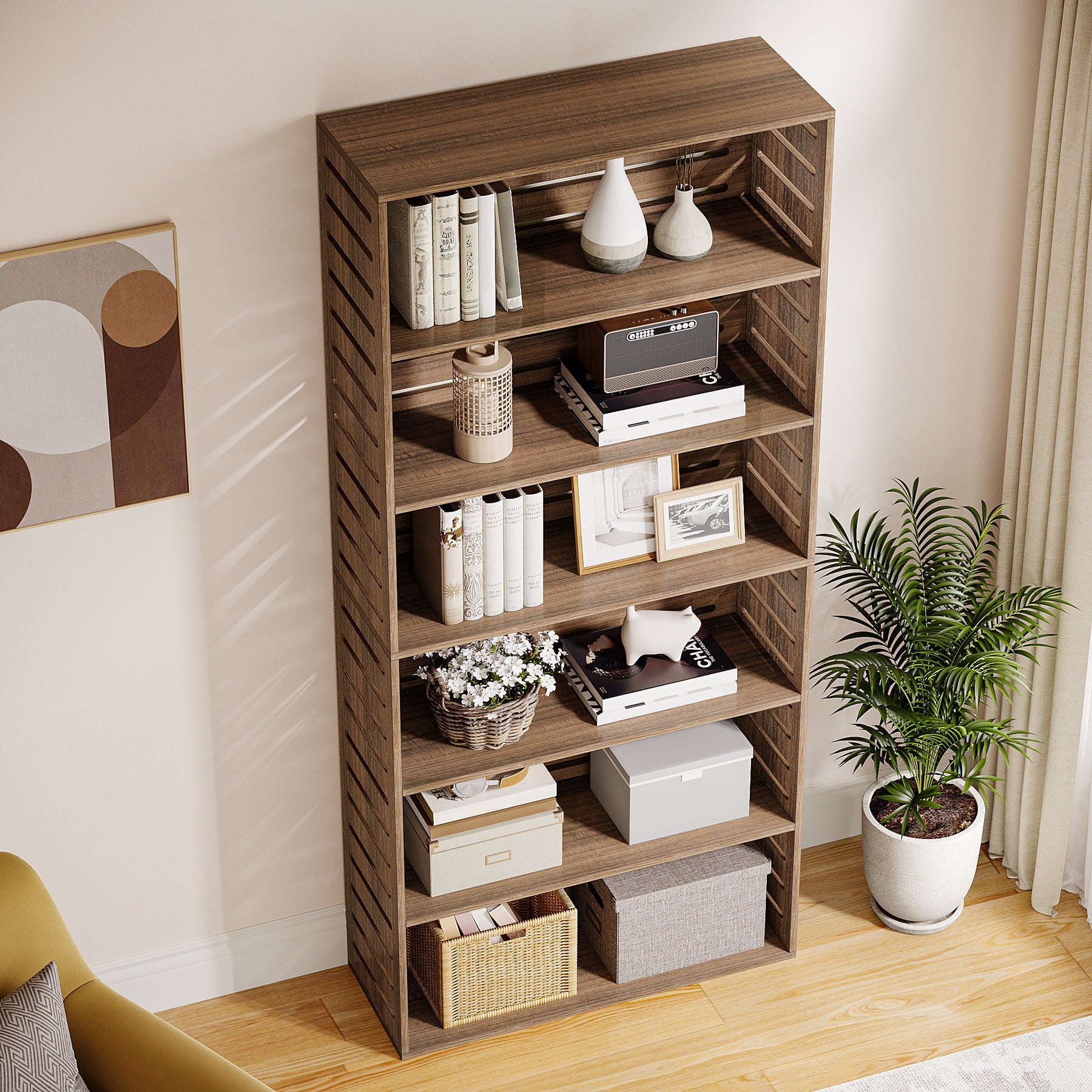 6-Tier Bookcase 180cm Tall Bookshelf Wood Open Bookcase Floor Standing Display Storage Shelves for Home Office Living