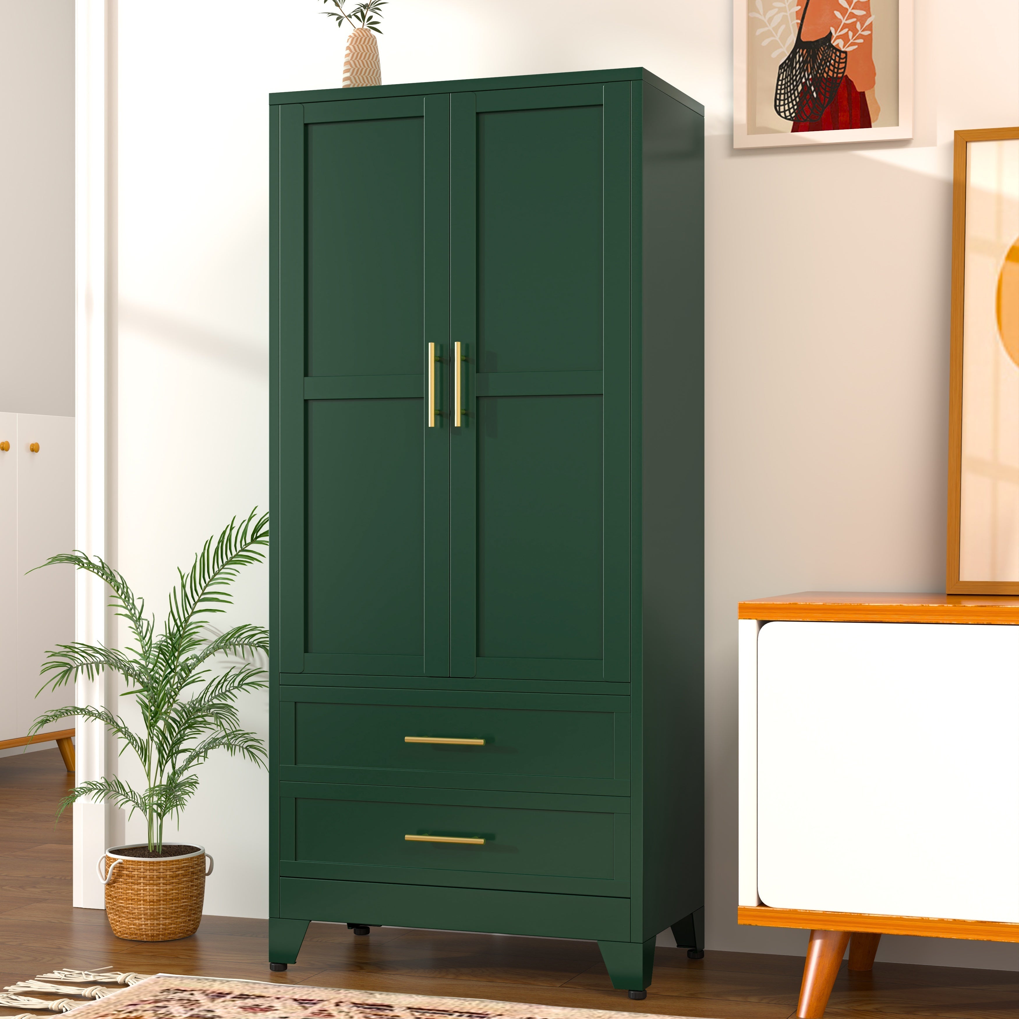 Modern Freestanding Wardrobe Armoire with Two Drawers