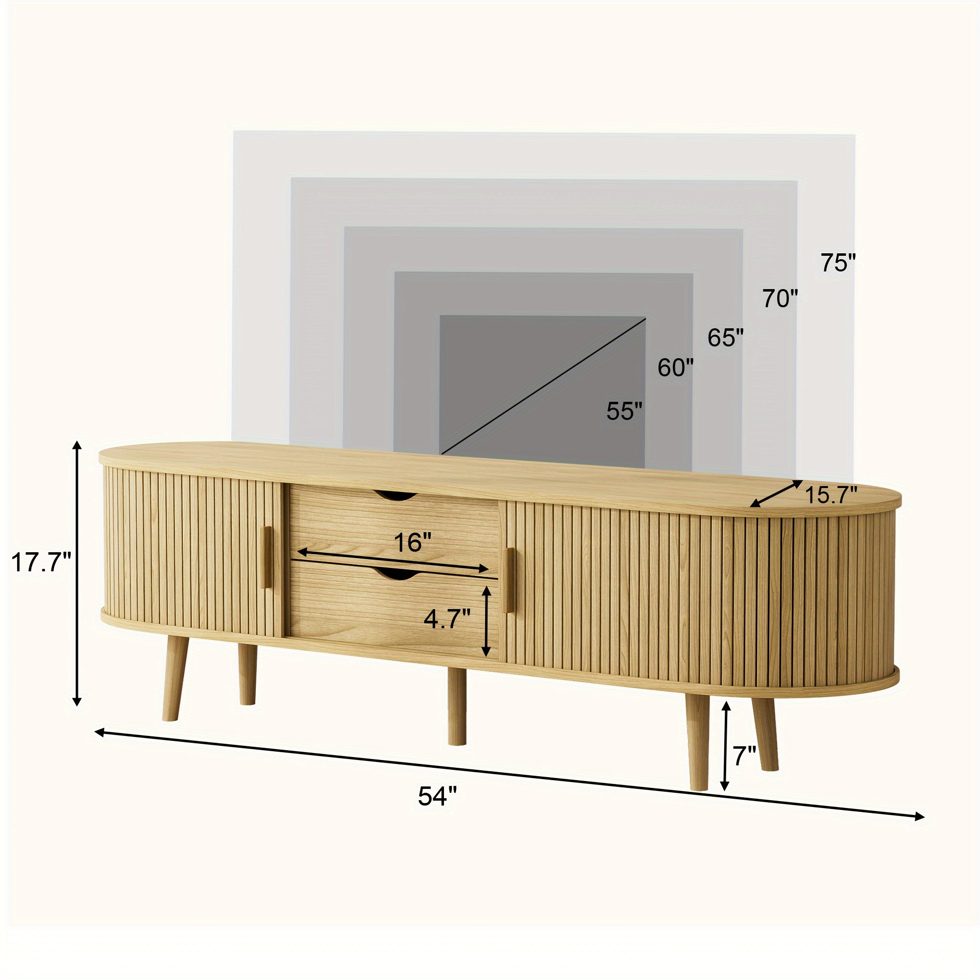 Chic Curved Edge Modern TV Stand - 55/69" Oak/Walnut, Farmhouse Style with 2 Drawers & Adjustable Shelves, Solid Wood Legs, Beige Media Console Table, Tv Console for Living Room