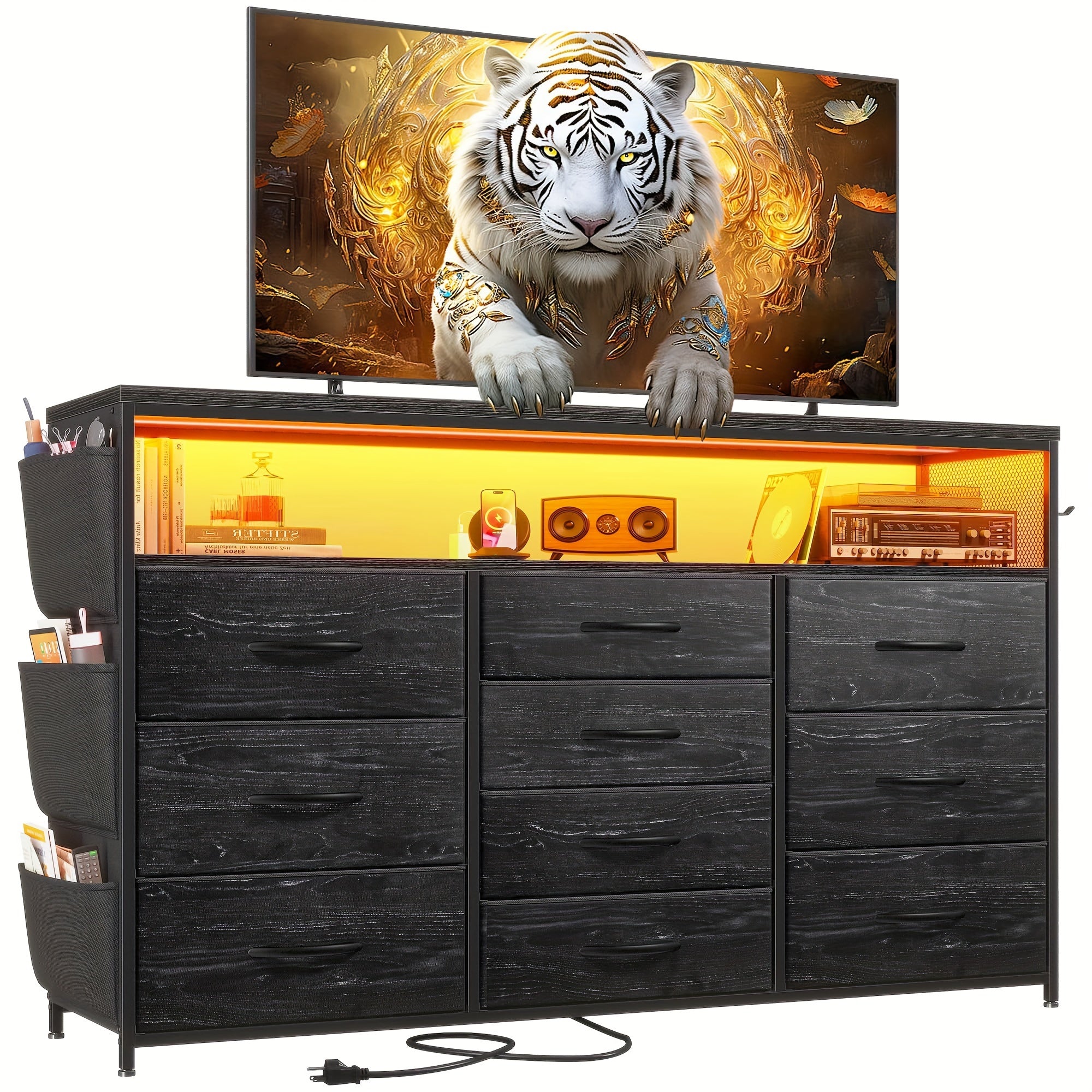 Dresser TV Stand With 10 Drawers For 140cm TV Stand For Bedroom With LED Lights & Power Outlets Wide Dresser