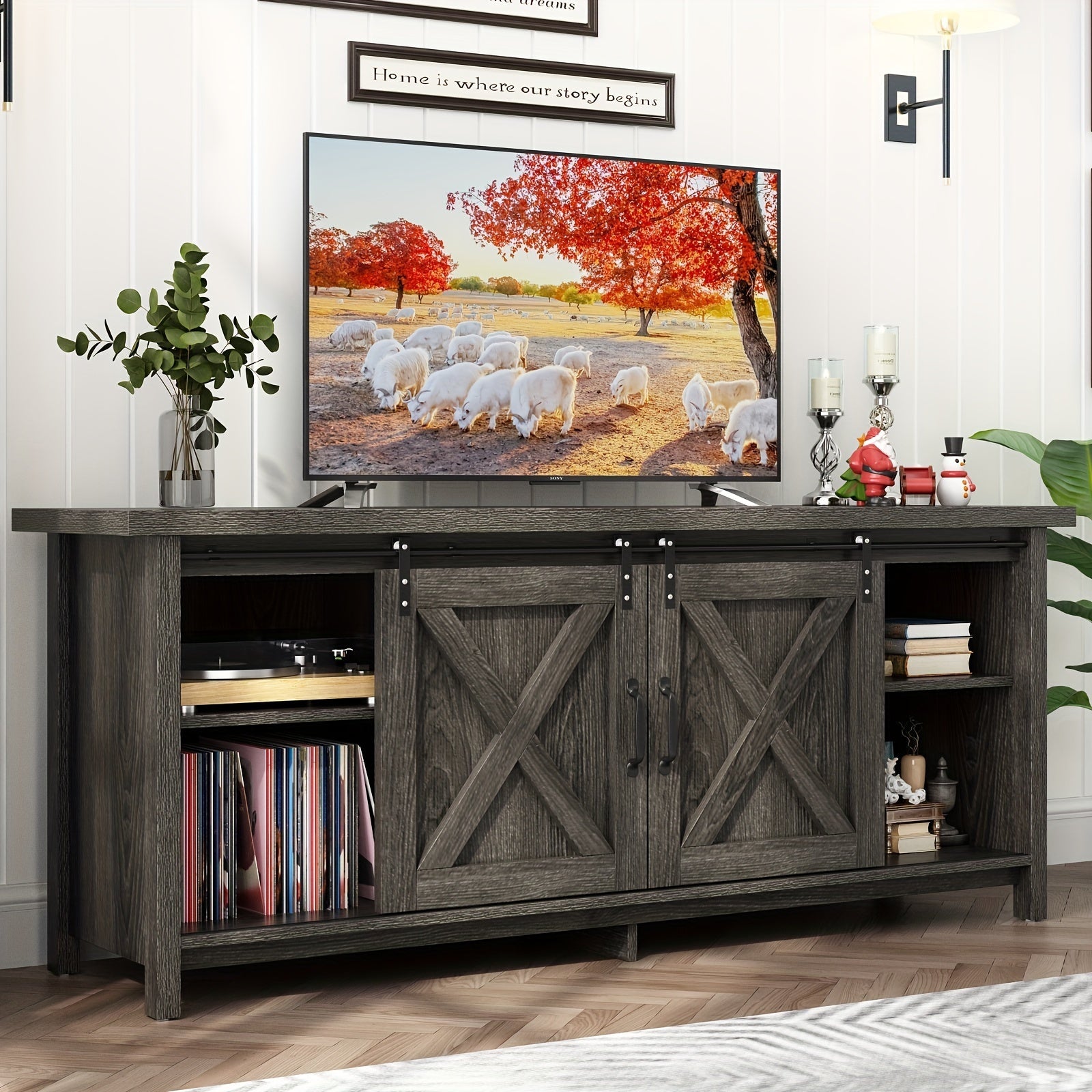 58'' Rustic Wooden Entertainment Center W/Adjustable Storage Shelves, Sliding Barn Door, Mid Century TV Console Media Cabinet For Bedroom Living Room