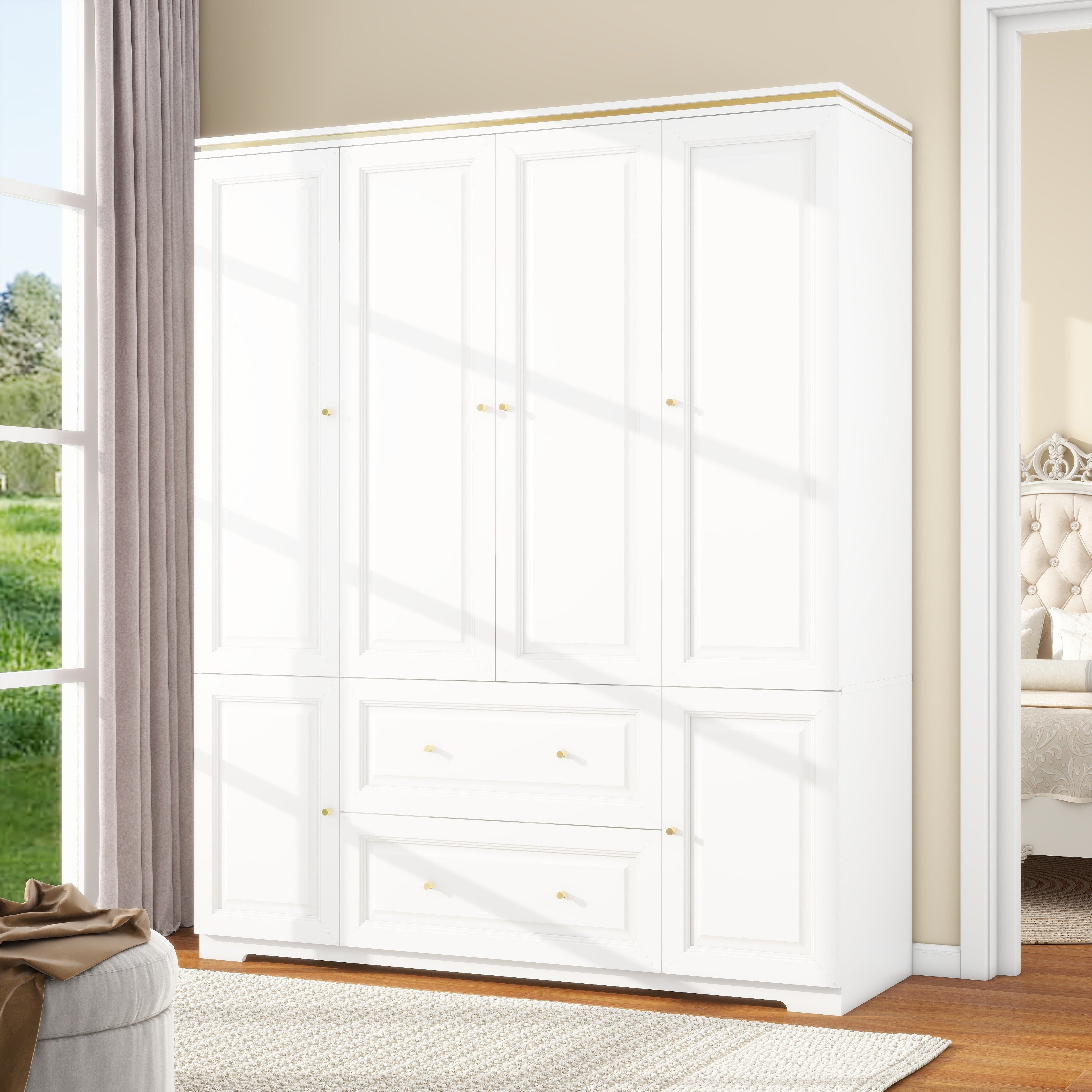 Bedroom Armoires Wardrobe Closet With 4 Doors, 74" White Wardrobe Cabinet With 2 Drawers, Modern Wood Closet For Hanging Clothes, Large Wardrobe Storage Closet