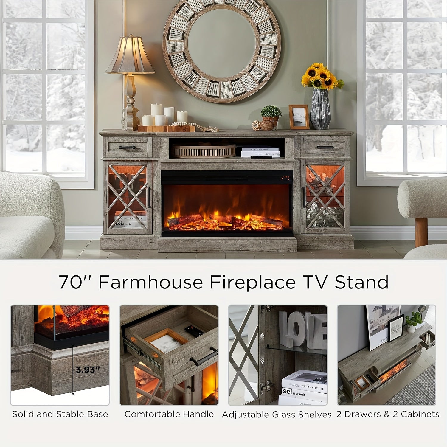 3-Sided Glass Farmhouse Fireplace TV Stand For TVs Up To 80'', Highboy Entertainment Center With Glass Door Storage Cabinet, 70'' Large TV Stands With 36'' Electric Fireplace