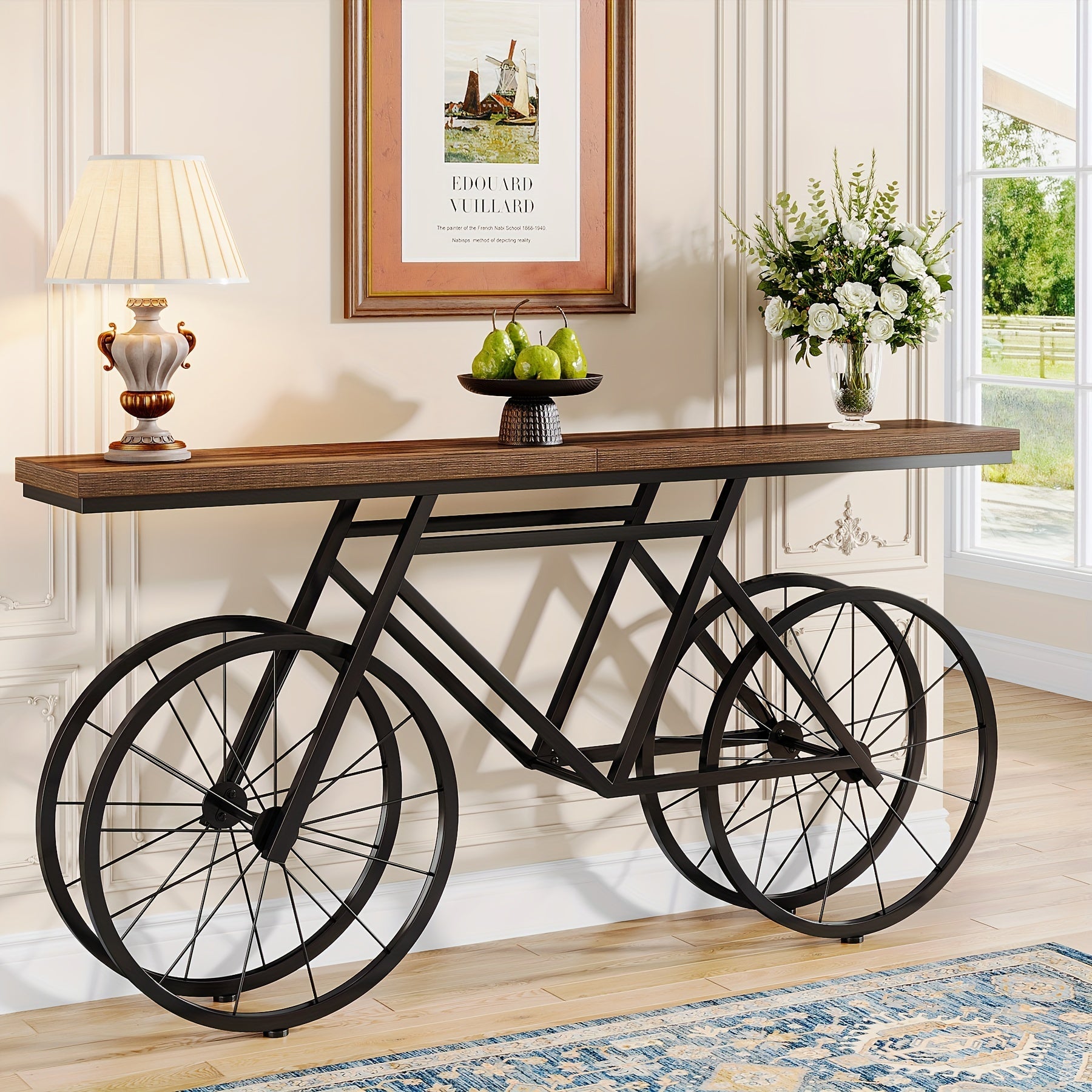 70.9-Inch Extra Long Console Table, Narrow Sofa Table With Bicycle Metal Base, Modern Industrial Entryway Table Behind Couch Table For Living Room, Hallway, Entrance, Foyer