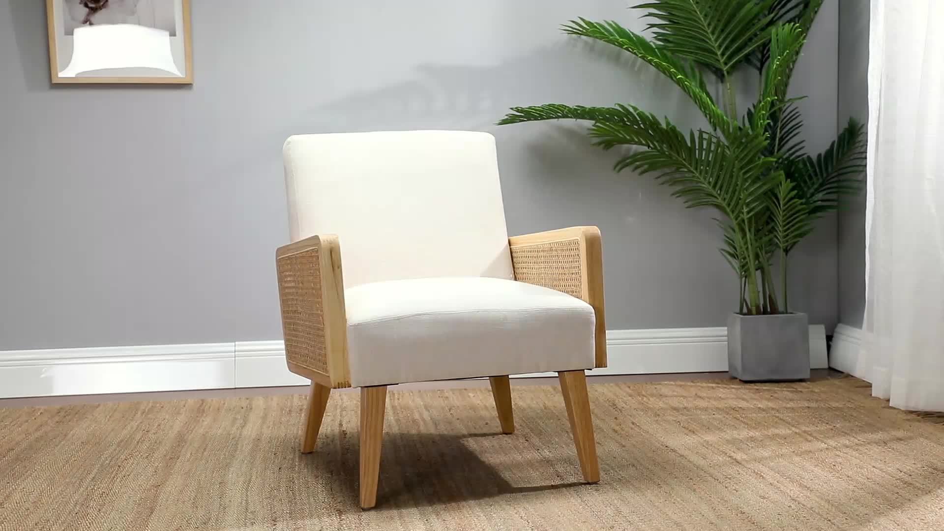 Chic Mid-Century Modern Accent Chair with Rattan Armrests & Solid Wood Legs - Comfy Upholstered Lounge Chair for Living Room, Bedroom, or Reading Area - Beige