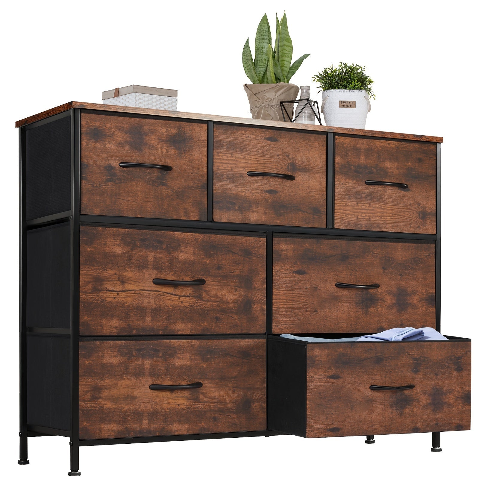 Dresser for Bedroom with 7 Fabric Drawers, Wide Chest Organizer Units for Clothing, Closet, Storage Tower with Cabinet, Metal Frame, Wooden Top, Lightweight Nursery Furniture Storage Drawer Units