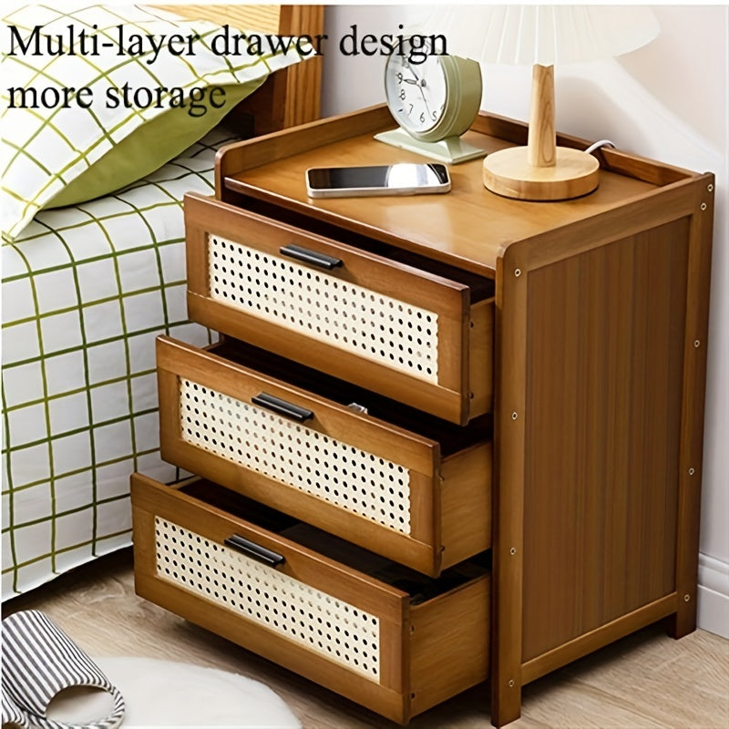 1pc Bamboo Bedside Table with 3 Rattan-Like Drawers - Multifunctional Rectangular Nightstand for Bedroom Storage, Non-Waterproof Side Table for Small Spaces, Box,Cabinet,Rack for Outdoor Storage