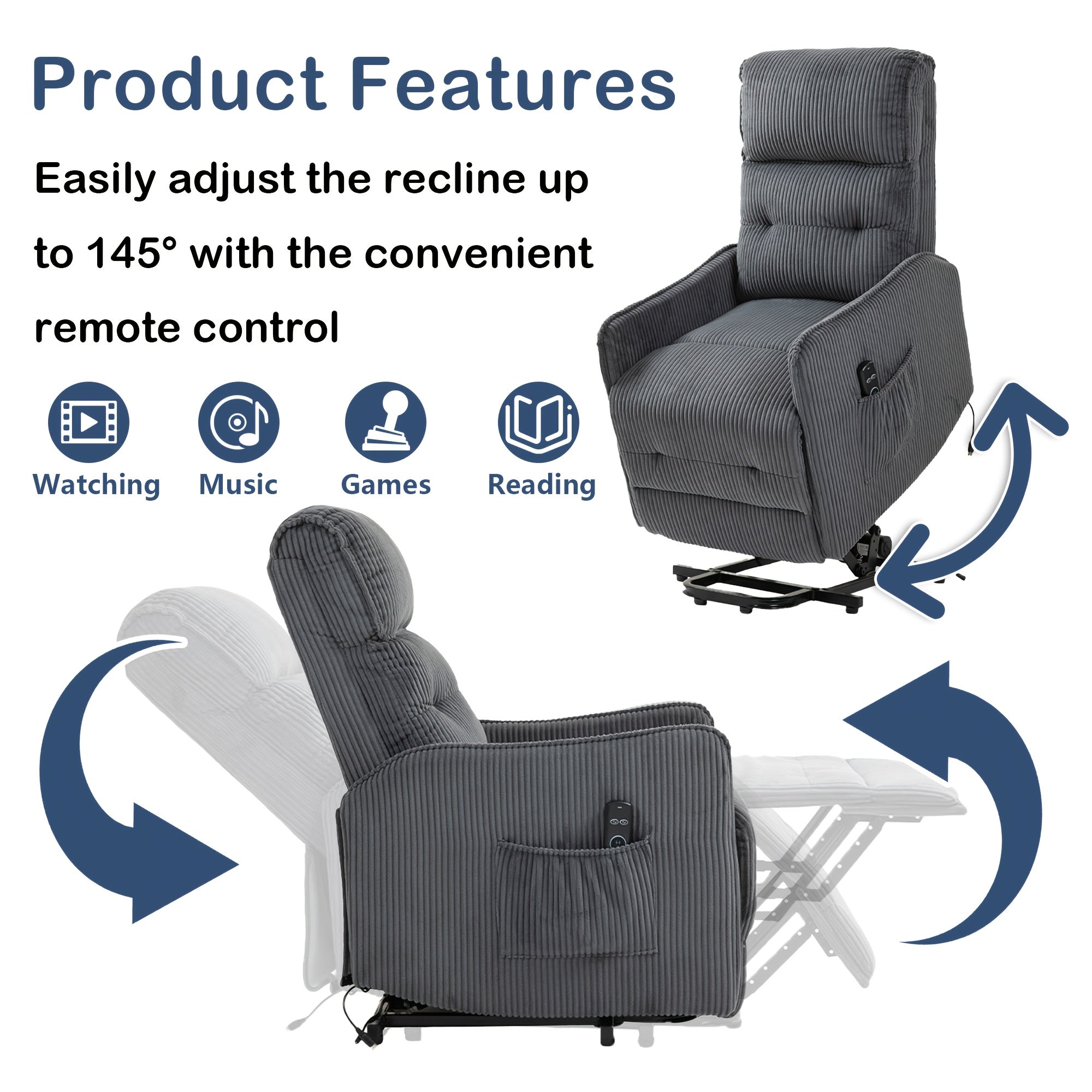 Plush Corduroy Power Lift Recliner Chair for Adults - Easy-to-Operate, Adjustable Height with Side Pocket, Ideal for Living Room, Bedroom, Home Theater - Comfortable Memory Foam, Solid Back, Gray