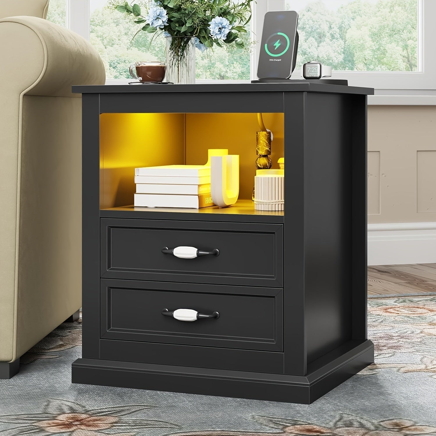 Black Rustic Nightstand with LED Lighting - 2-Tier Wooden Side Table with Storage Drawers, 27" Tall, Hardwood Finish, Metal Frame, 110-130V Plug-In Power Outlet, Ideal for Bedroom & Living Room Decor