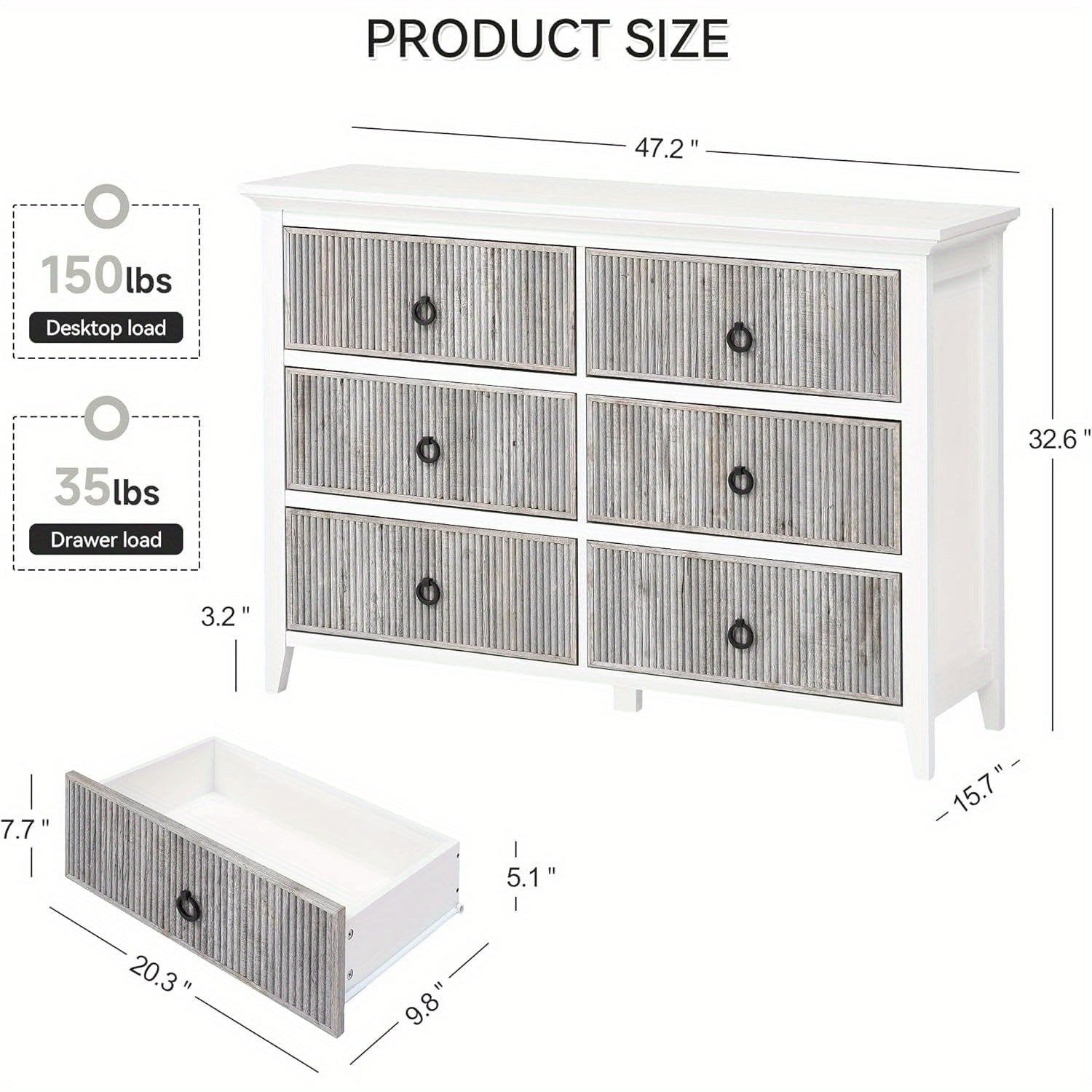 6-Drawer Fluted Dresser Cabinet for Bedroom, Modern Storage Chest with Fluted Panels, Wide Organizer Dresser for Bedroom, Hallway, Closet, and Living Room