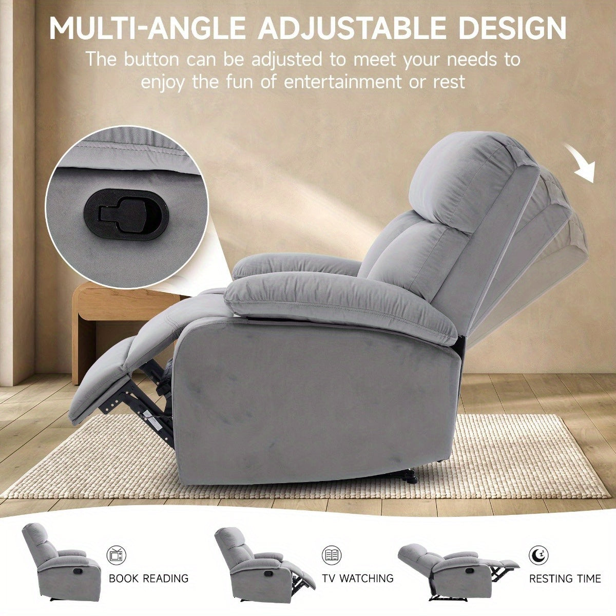 Manual Recliner Chair for Adults, Small Recliners for Small Spaces, Lazy boy Recliner Sofa Velvet Reclining Chairs for Living Room, RV, Bedroom, Gray