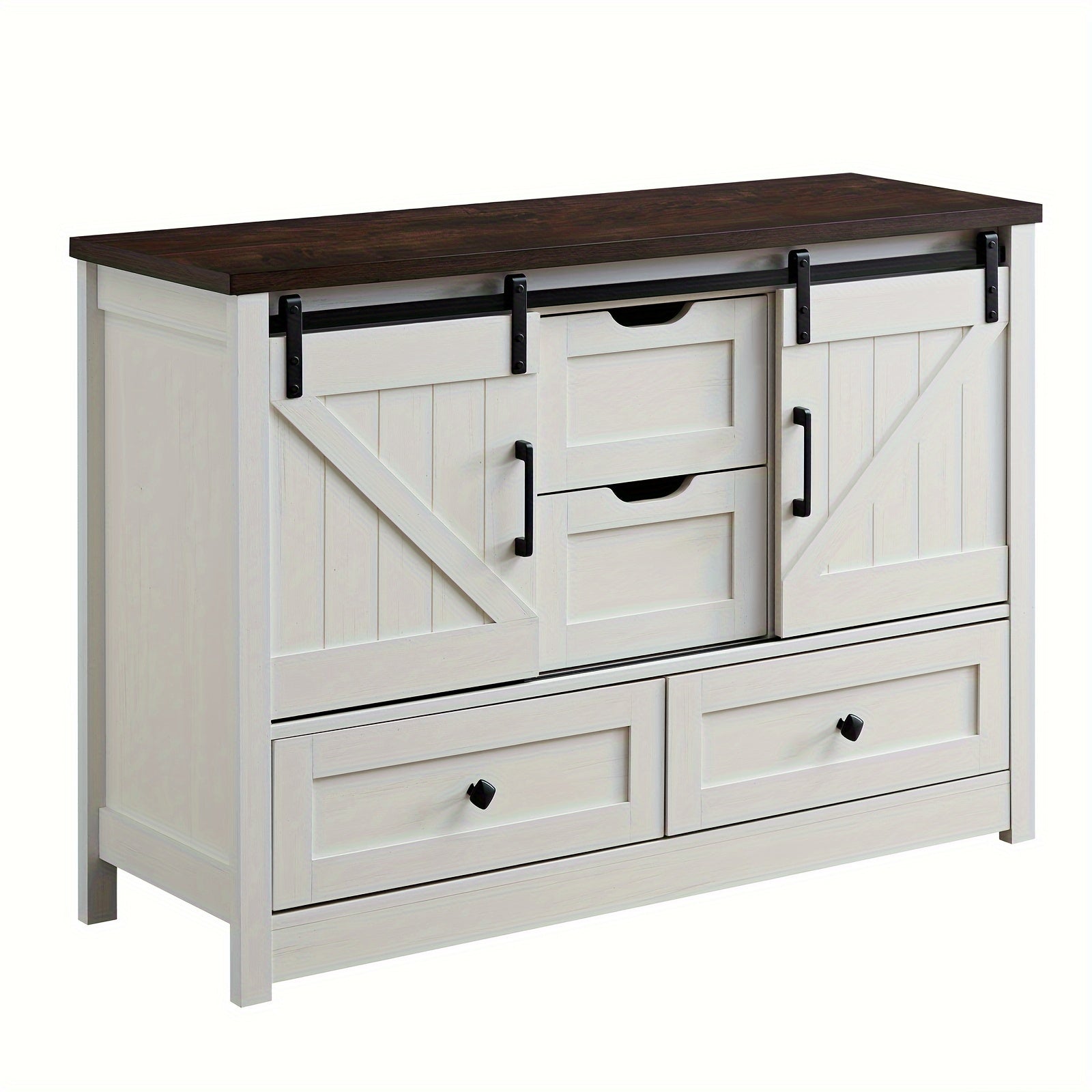 Rustic Farmhouse White Wooden Dresser with Sliding Doors - Freestanding Storage Cabinet for Dining, Bedroom & Office - High-Density Fiberboard Construction, 27" Tall, Multi-Functional Organizer with Drawers