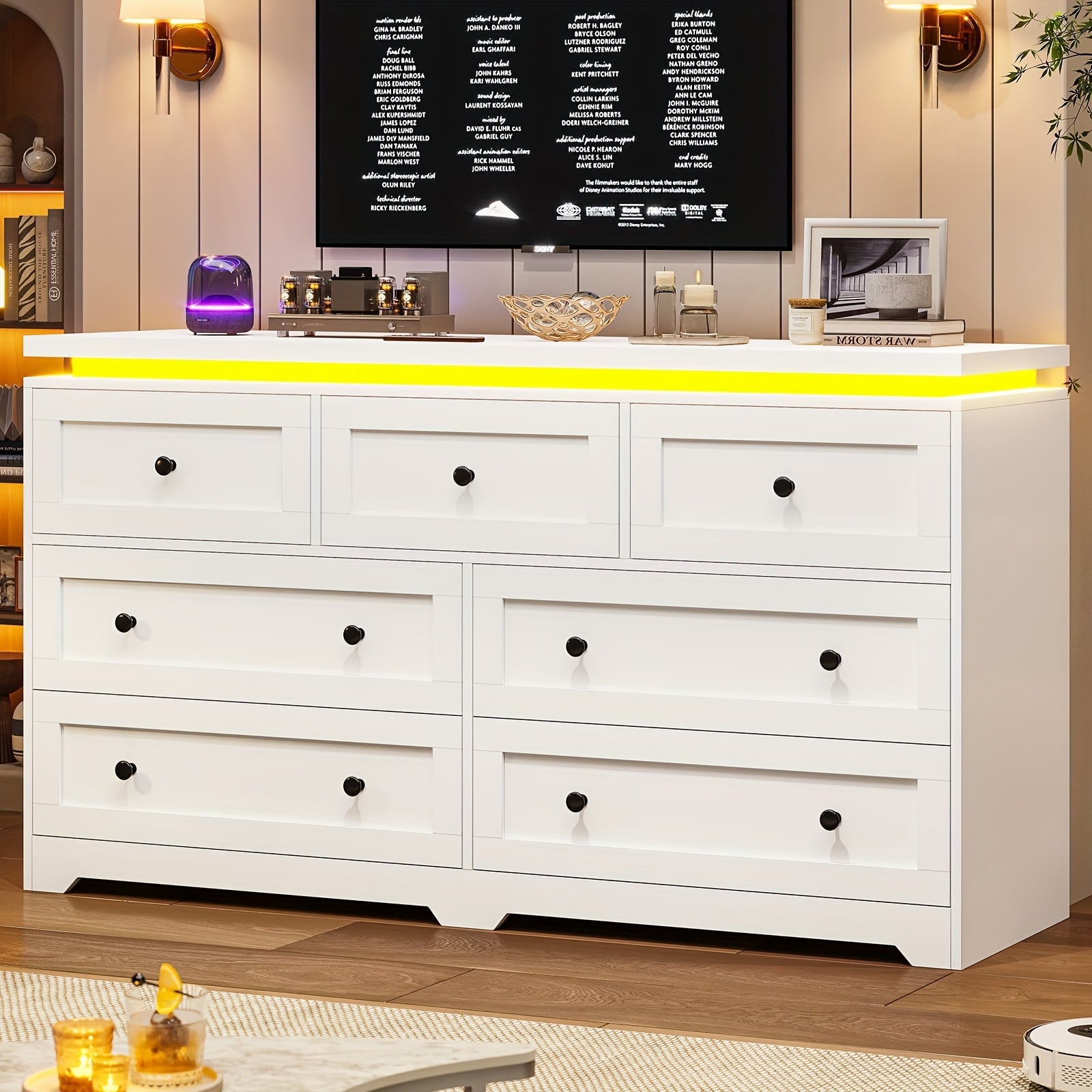 7 Drawers Dresser Bedroom Dresser With 7 Drawers Modern Chest Of Drawers With LED Lights 47’’ Wide Dresser With Metal