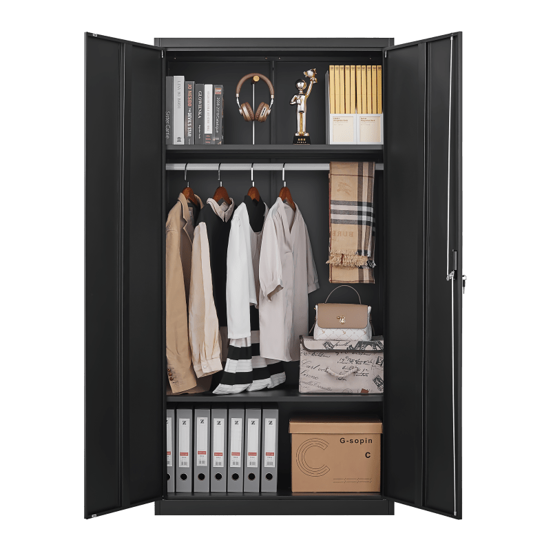 Metal Armoire Wardrobe Cabinets, 70" Black Locker Steel Wardrobe Bedroom Storage Cabinet with Doors and Hanging Rod, Clothes Closet for Home, Office and Bedroom, School, Gym, Storage Drawer Units