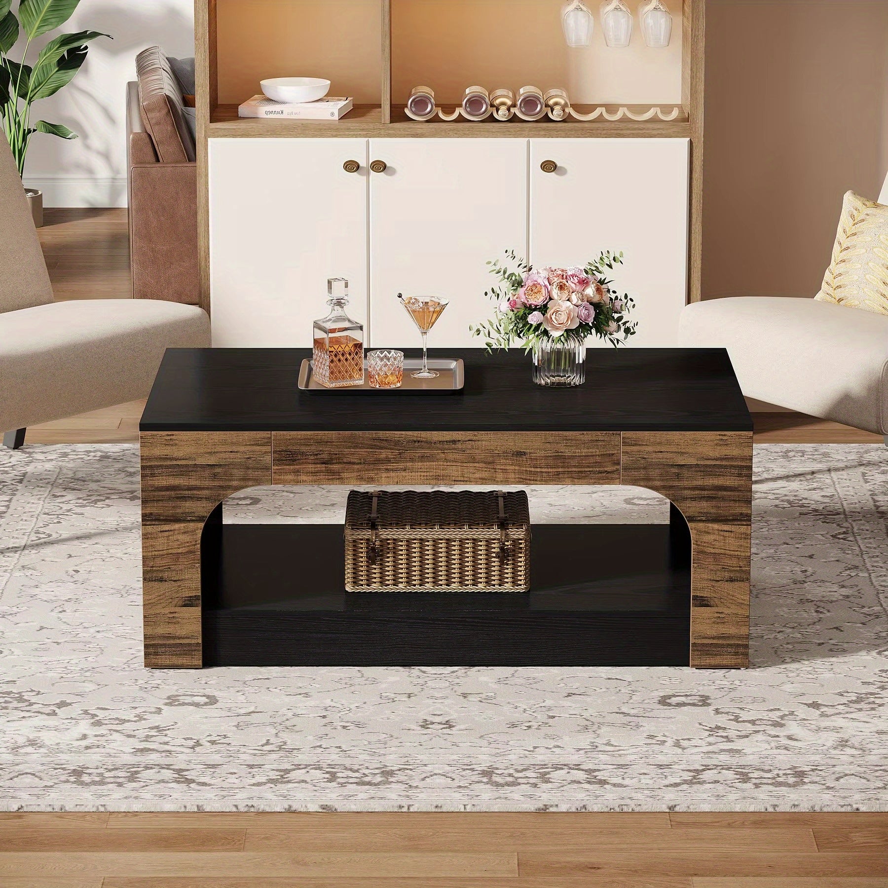 Chic 2-Tier Wooden Coffee Table with Storage - Sturdy Hardwood Construction, Holds Up to 120 lbs Capacity, Perfect for Living Room & Dining Area