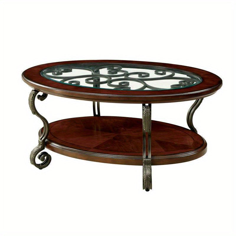 Elegant Brown Cherry Coffee Table with Glass Top and Open Bottom Shelf - Traditional Style Living Room Furniture