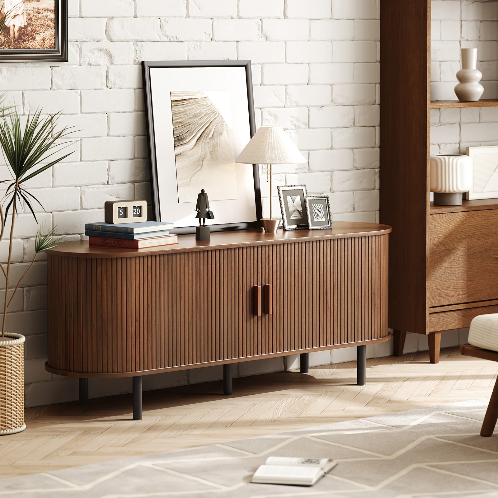 Walnut 140cm TV Stand with Sliding Doors - Fits Up to 60’’ TVs Built-in Power Outlet & Adjustable Shelves for Living