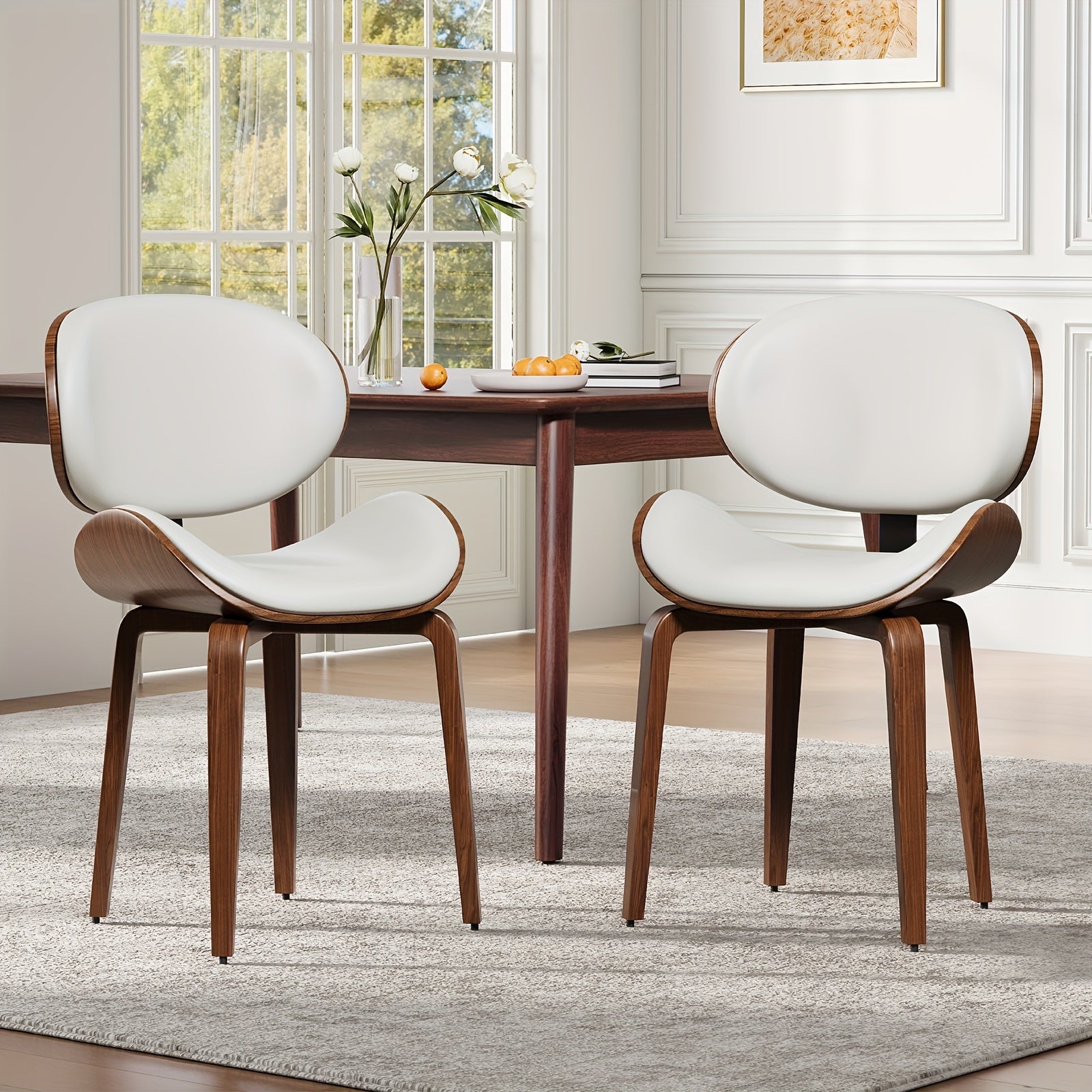 Set Of 4 Mid-Century Modern Dining Chairs Faux Leather Seats With Walnut Bentwood Backs And Adjustable Solid Wood Legs