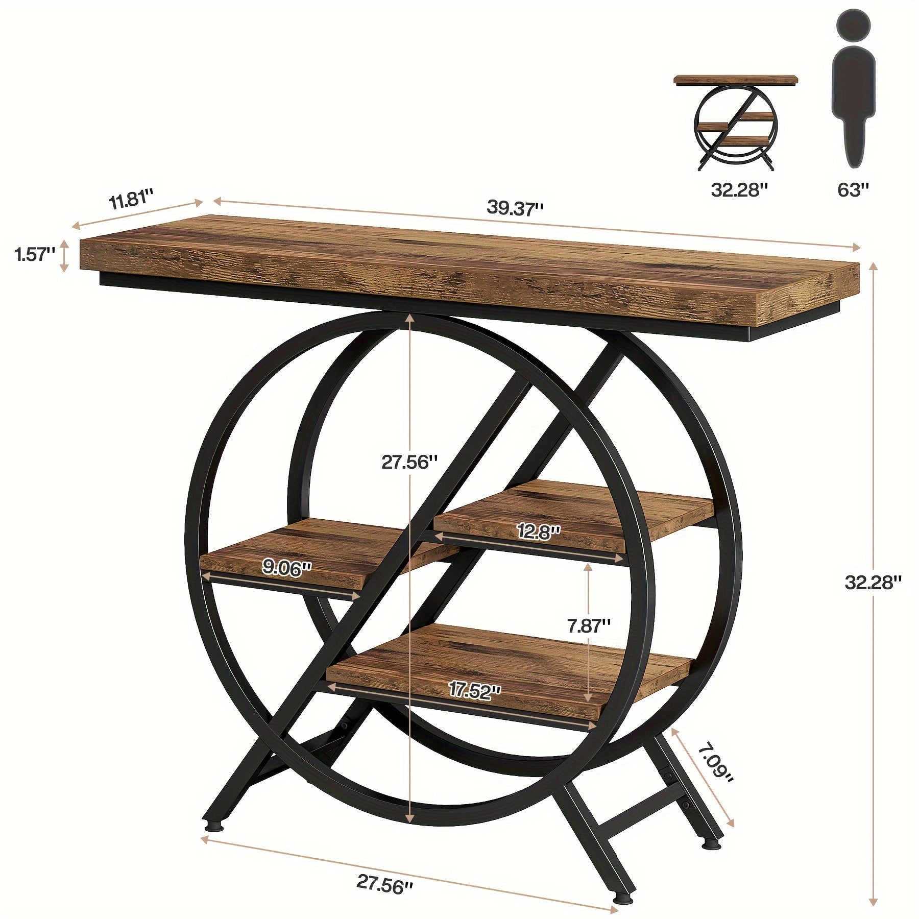 39.4-Inch Console Table With Thickened Tabletop, 4-Tier Industrial Narrow Sofa Table With Geometric Metal Frame For Living Room, Entryway, Hallway