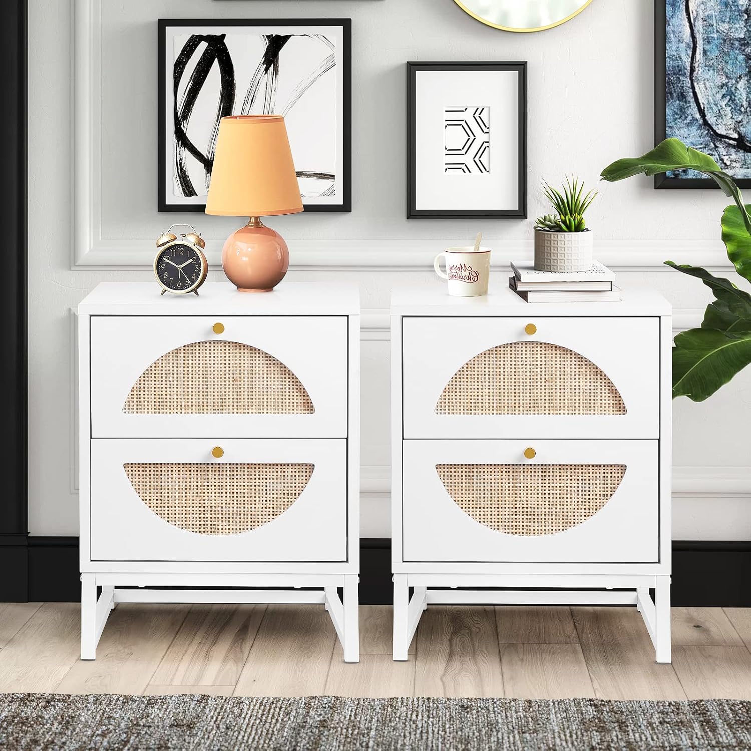 Boho Rattan Nightstand, End Side Table with 2 Rattan Drawers, Wood Square-Shaped Bedside Table with Storage and Metal Leg, Accent Sofa Side Table for Home, Office, Living Room, Bedroom, White