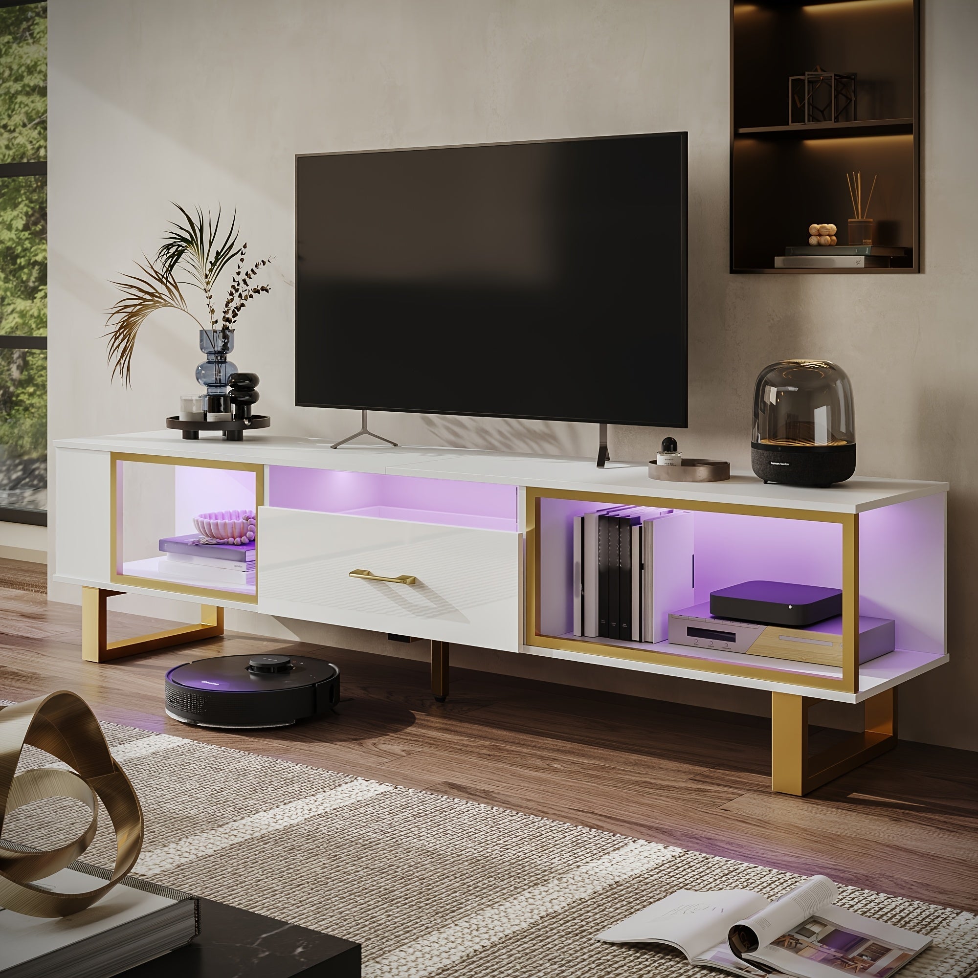 70 Inch TV Stand With LED Lights For Up To 80 Inch TV, High Gloss Entertainment Center With Open Storage And Half-Glass Design Drawer, Modern TV Console Table For Living Room, Sturdy, Easy To Assemble