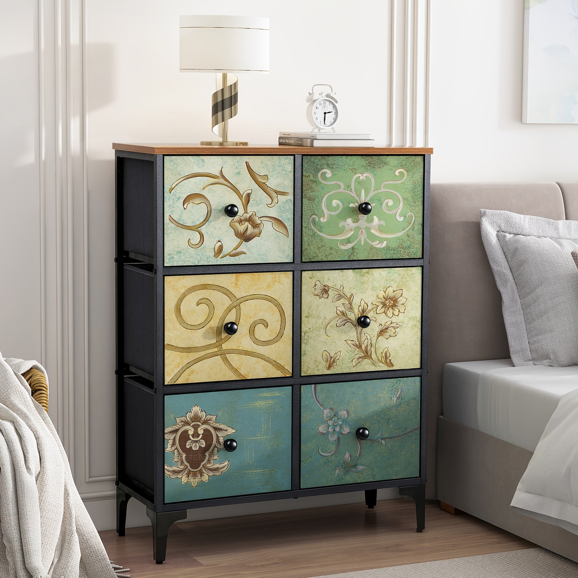 Dresser with 6 Drawers Tall Storage Dresser for Bedroom Modern Chest of Drawers for Closet Living Room Nursery Wood Top