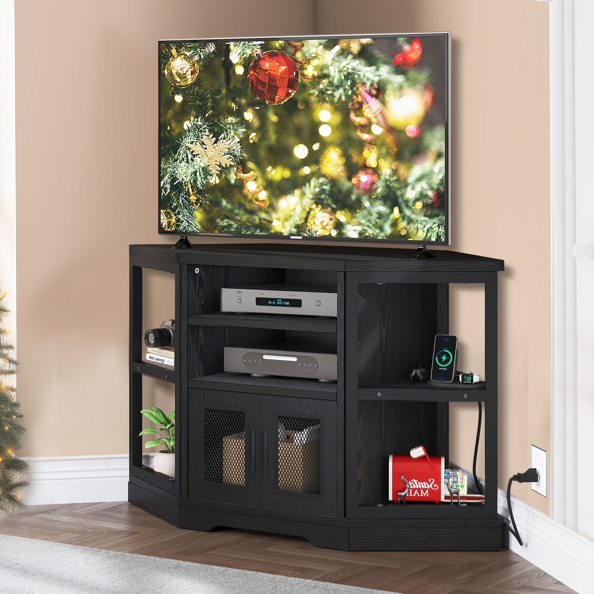 Rustic Corner Entertainment Center TV Stand with Power Outlets and Storage, Thanksgiving Christmas Halloween Day Gift