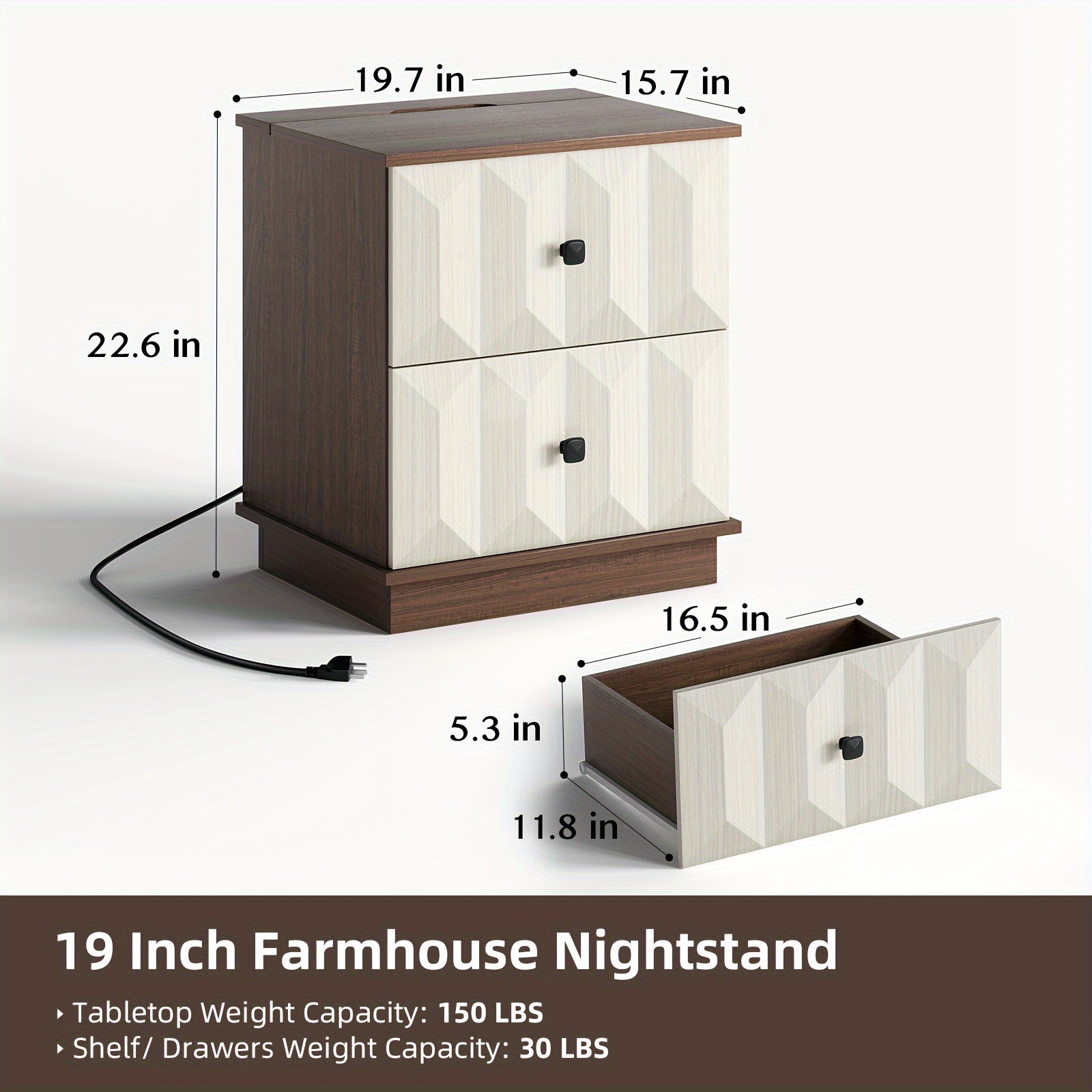 Modern Farmhouse Nightstand With Charging Station, Bed Side Table With 2 Drawers, End Tables Living Room, 19" Large Nightstand Wood For Bedroom