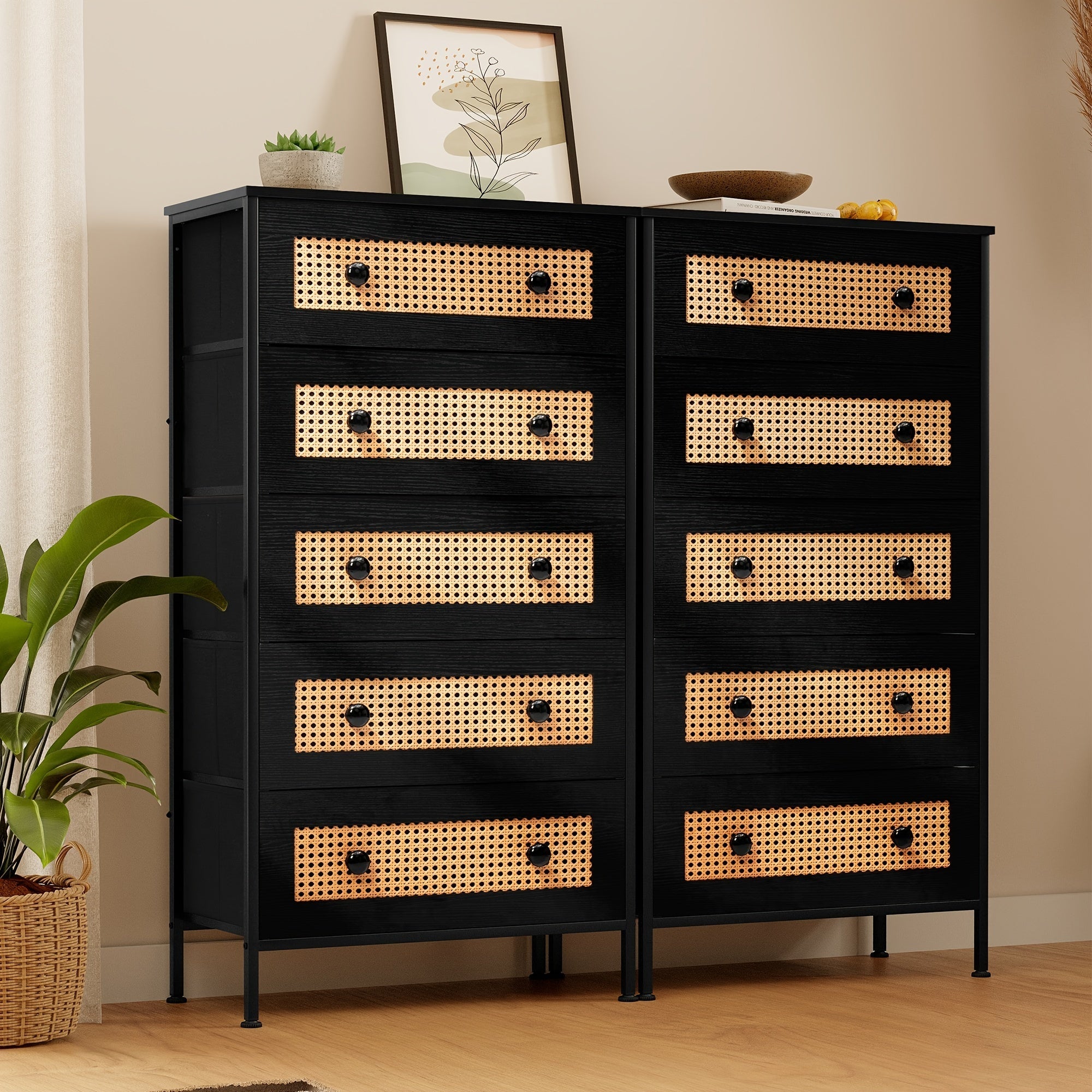 Rattan Dresser Storage Tower, Tall Fabric Dresser, Chests of Drawers, Wood Top &Wood Handles - Organizer Unit for Bedroom, Hallway, Entryway, Closets - 5 Drawers