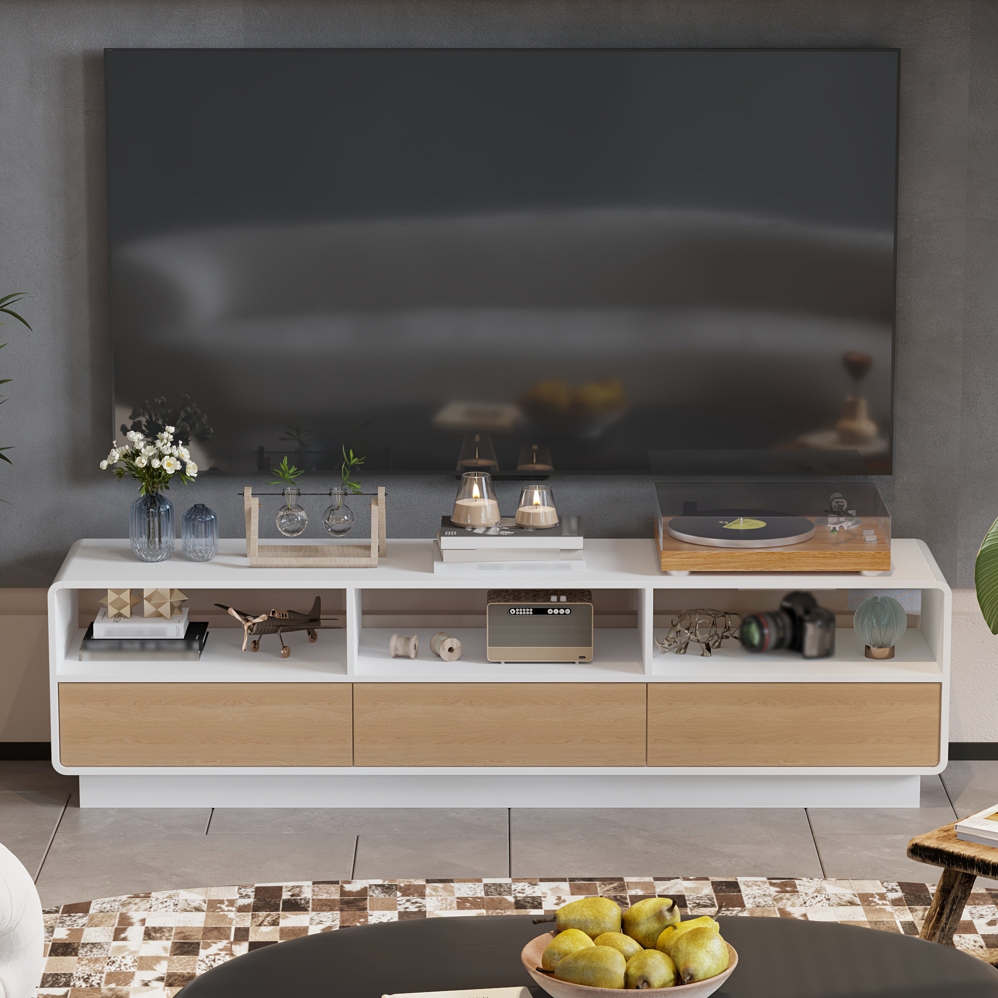 Modern TV Stand Glossy Media Console, TV Console with 3 Drawers & Shelves, Contemporary Style, for Living Room, White