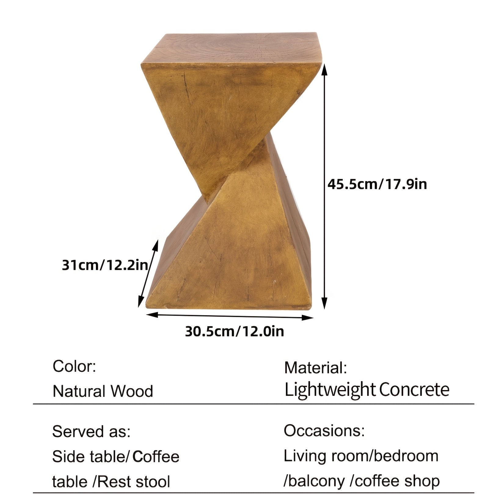 Versatile Z-Shaped Side Table - Lightweight Concrete, Square Top End Table with Twist Stool Feature for Outdoor & Indoor Use, Natural Wood Finish, AESOME