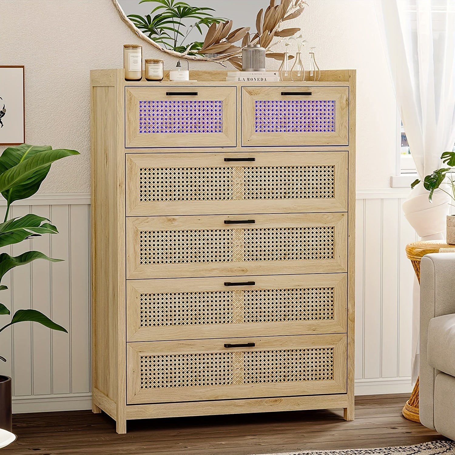 Rattan Dresser With LED Lights For Bedroom 6 Drawer Dresser Chest Of Drawers For Bedroom, Living Room, Hallway