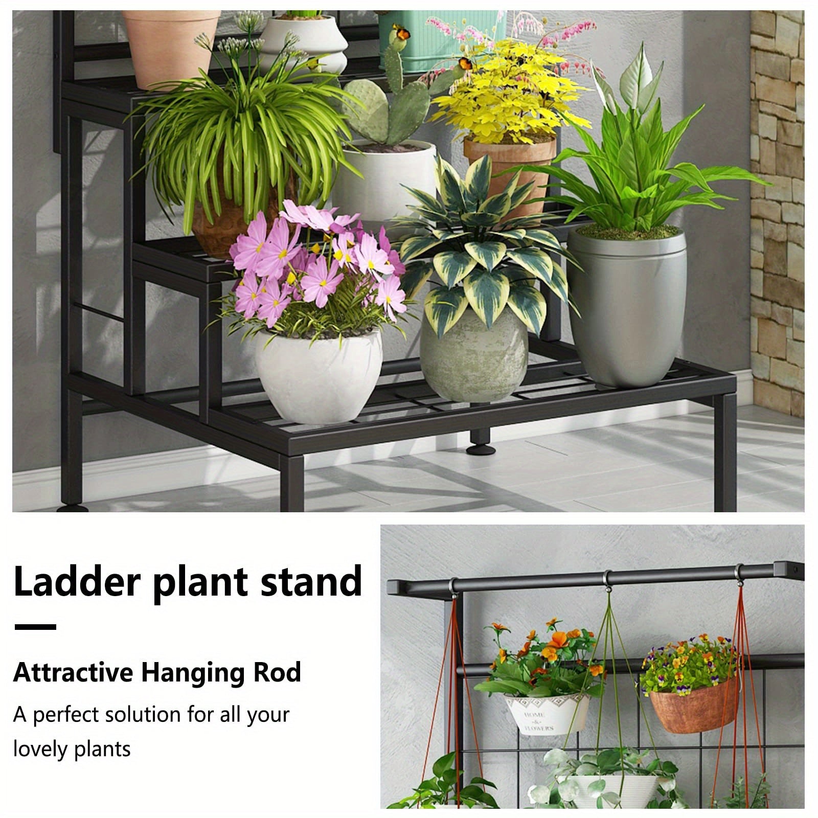 Plant Stand 3-Tier Hanging Shelves Flower Pot Organizer Multiple Flower Display Holder Indoor Outdoor Heavy Duty Potted Planter Rack Unit with Grid Panel, size 23.62 x 21.25 x 62.14 inches