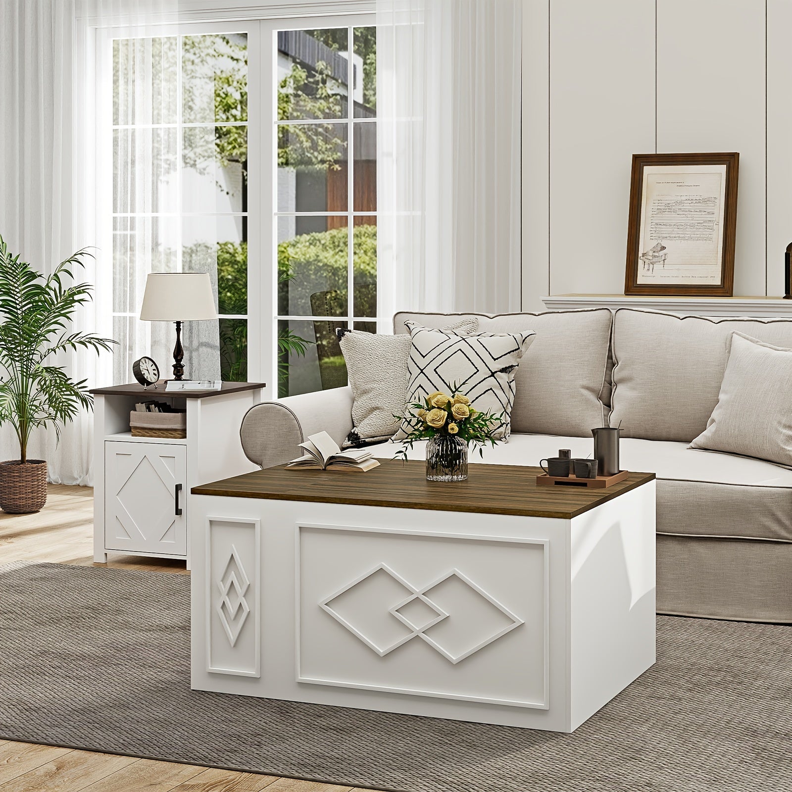 Lift Top Coffee Table, 99cm Farmhouse Coffee Table with 3 Large Hidden Storage, Rectangle Coffee Table for Living Room with Adjustable Shelf And Exquisite Door, White