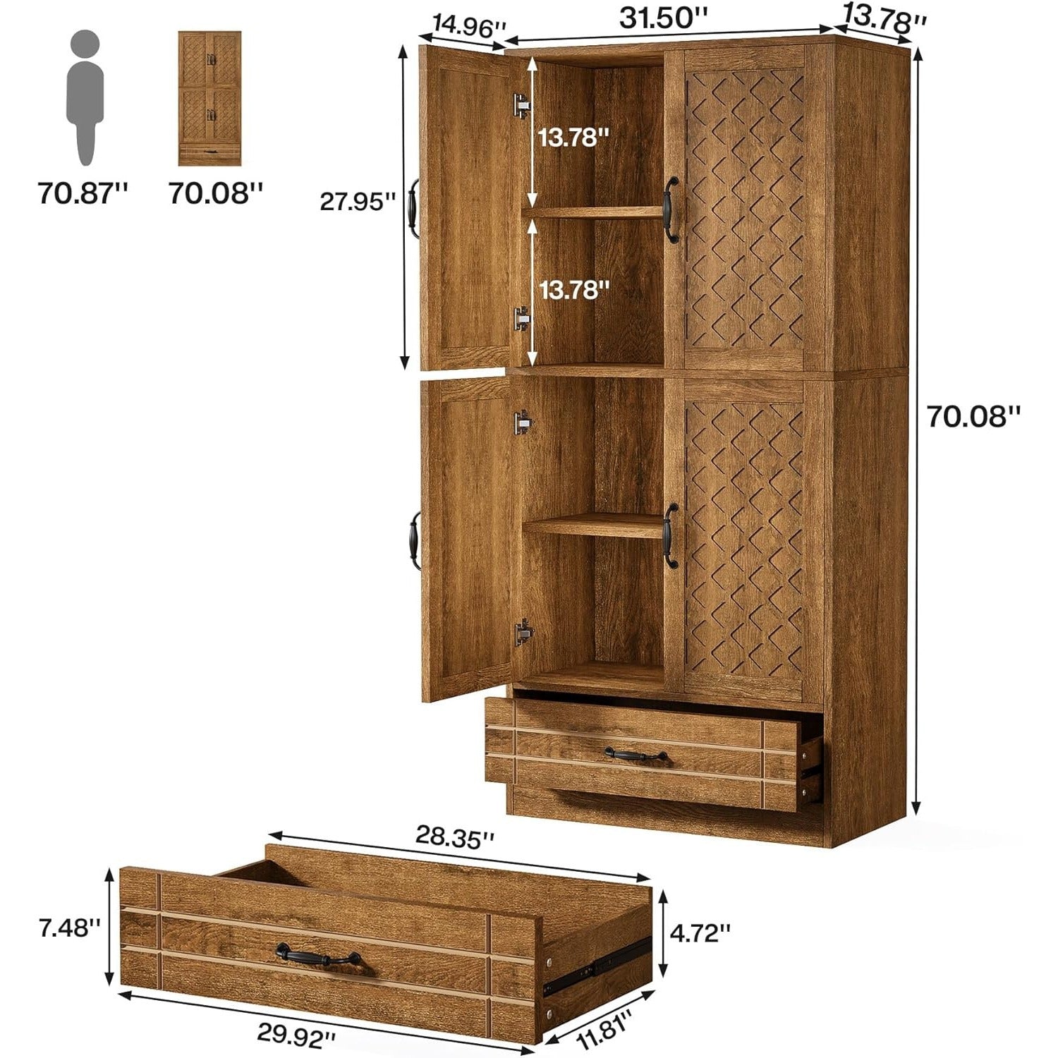 Tall Kitchen Pantry, Farmhouse Pantry Storage Cabinet with Doors, Shelves and Drawer, Large Rustic Wood Food Pantry Cupboard for Kitchen, Dining Room, Bathroom, Storage Racks for garage