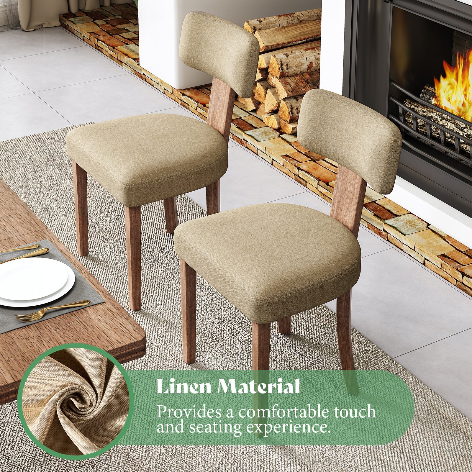 Modern Linen Dining Kitchen Chairs with Upholstered Curved Backrest & Seat, Chairs for Dining Table, Hardwood Frame