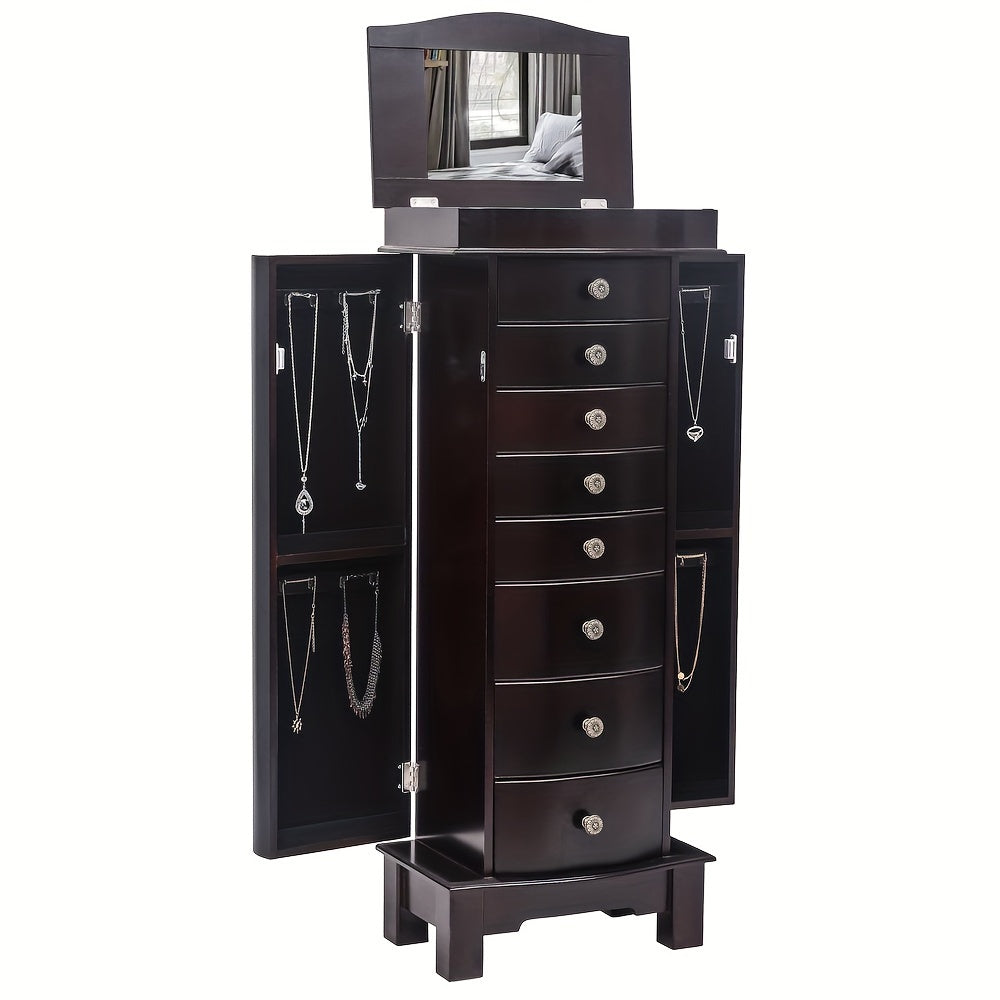 Jewelry Armoire With Mirror, 8 Drawers & 16 Necklace Hooks, 2 Side Swing Doors(Brown), Jewelry Armoires