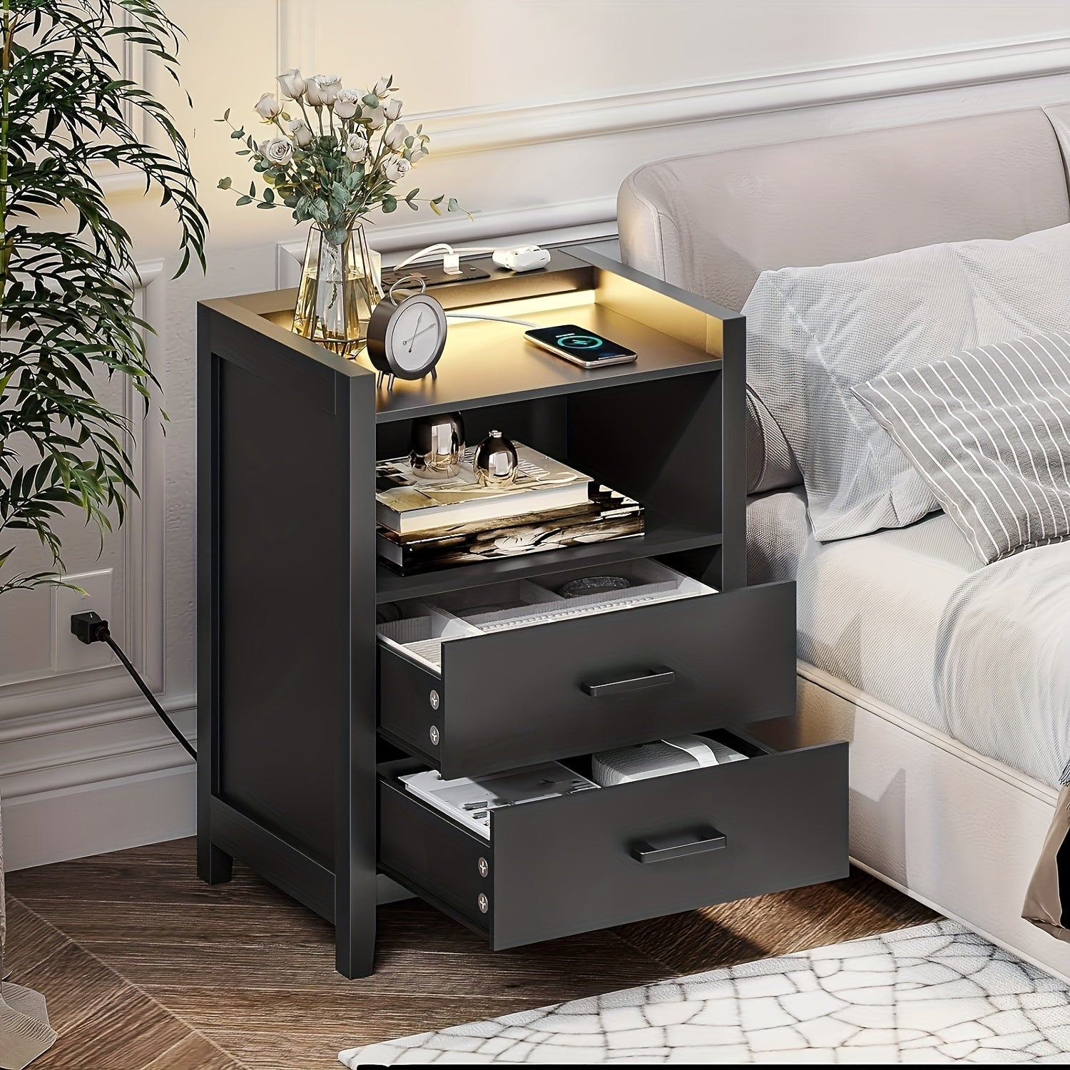 Nightstands for Bedroom, Black Night Stand Bedside Table with 2 Drawers&Open Storage for Living Room