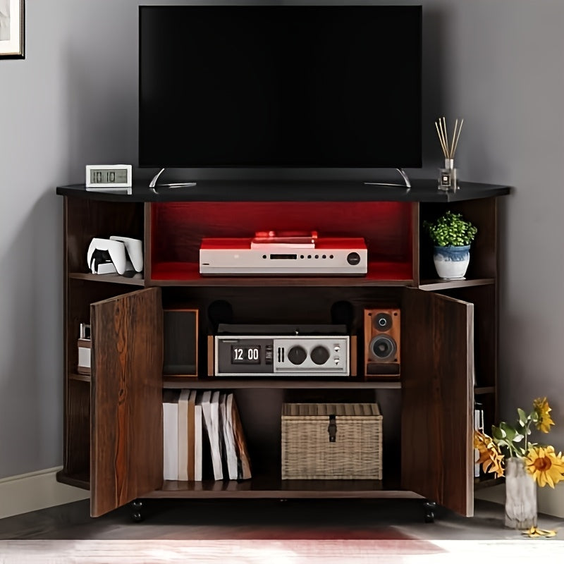 Office Corner TV Stand For With LED Lights Studio Corner TV Cabinet With Adjustable Shelves Corner Entertainment Center