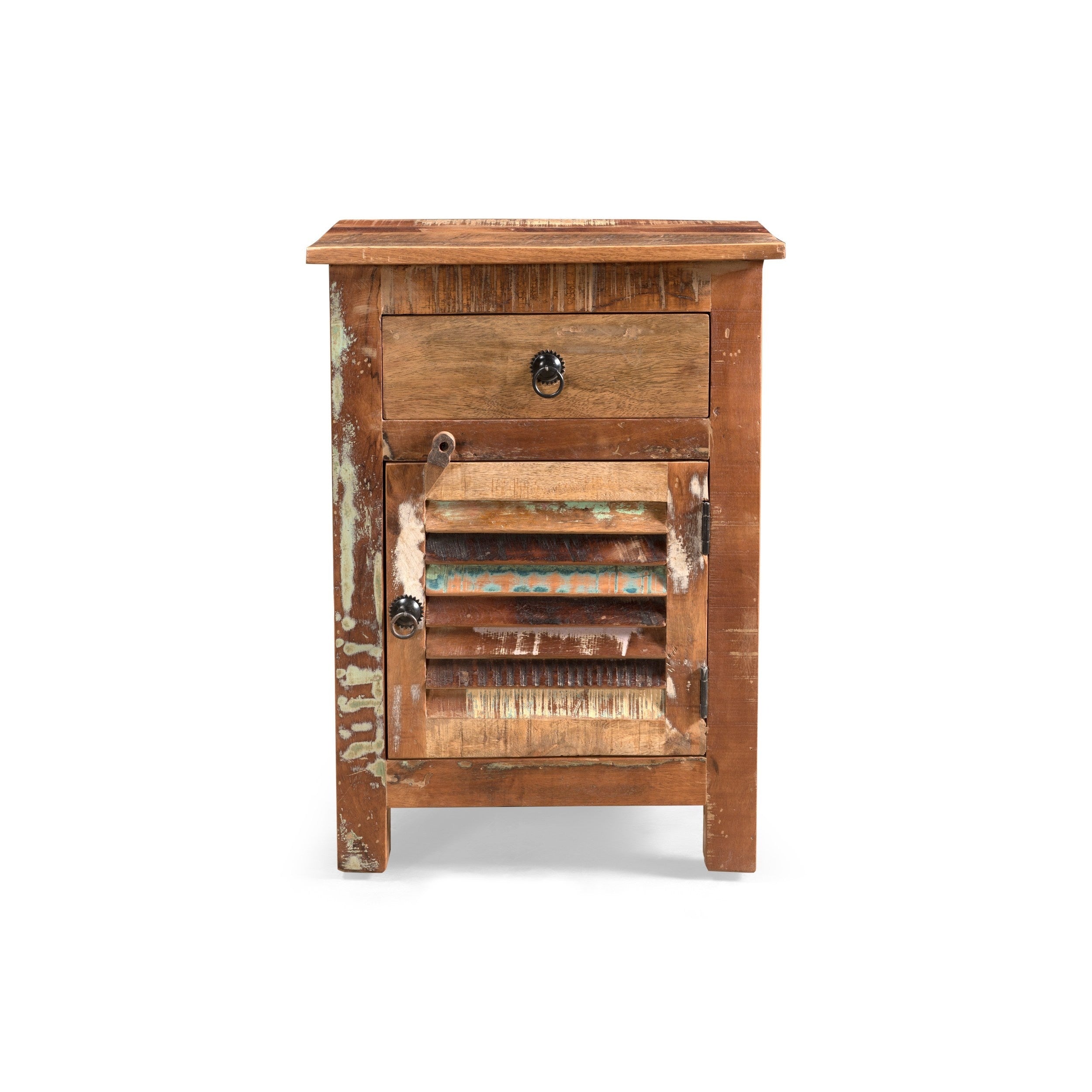 Handcrafted Recycled Wood Rustic Nightstand Side Table With Drawer Cabinet Slatted Door And Decorative Latch