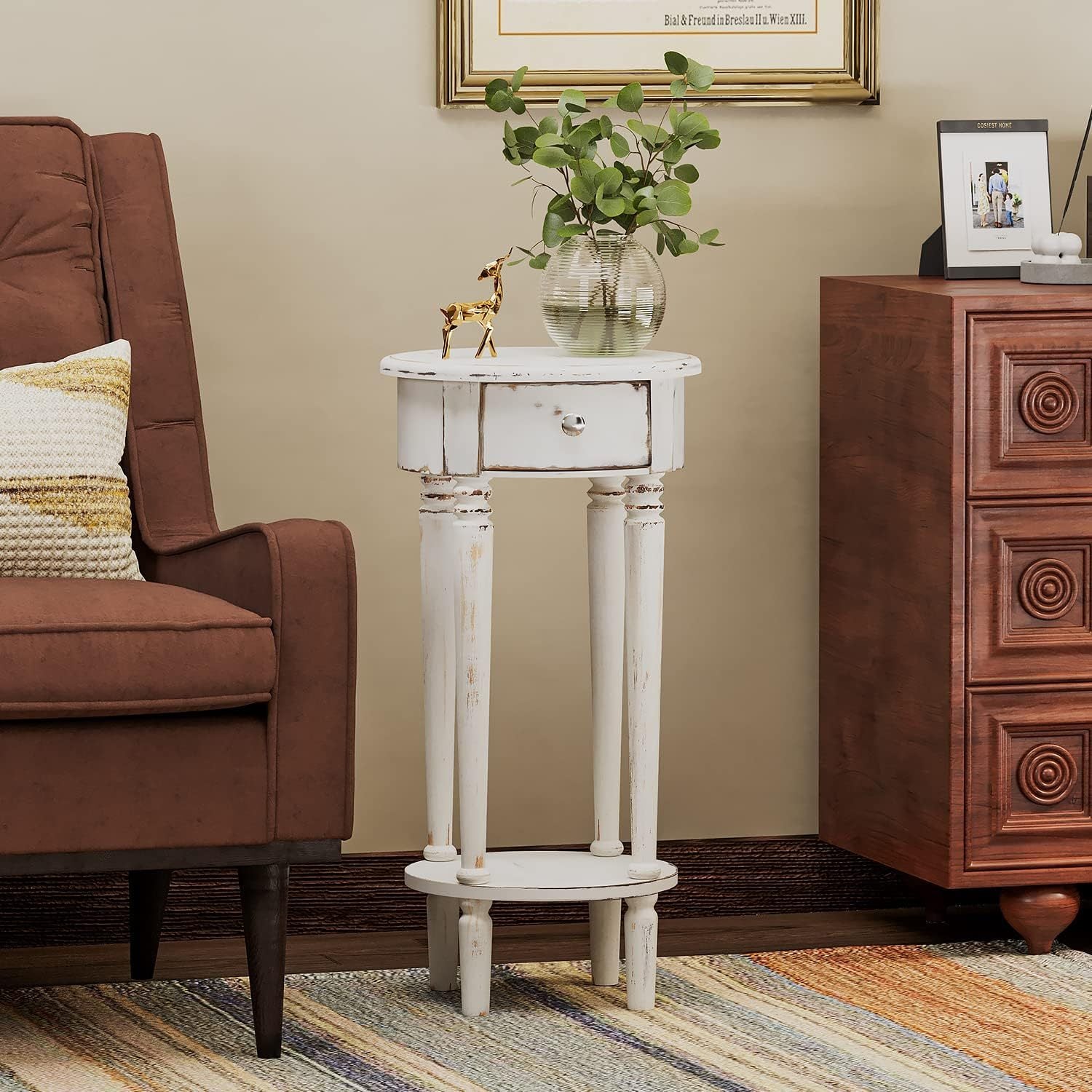 Tall End Table With Drawer, Round Nightstand Bedside Table With Storage Shelf, Industrial Telephone End Table For Living Room, Bedroom, Hall Way, Space Saving, Christmas Holiday Decorations Side Table