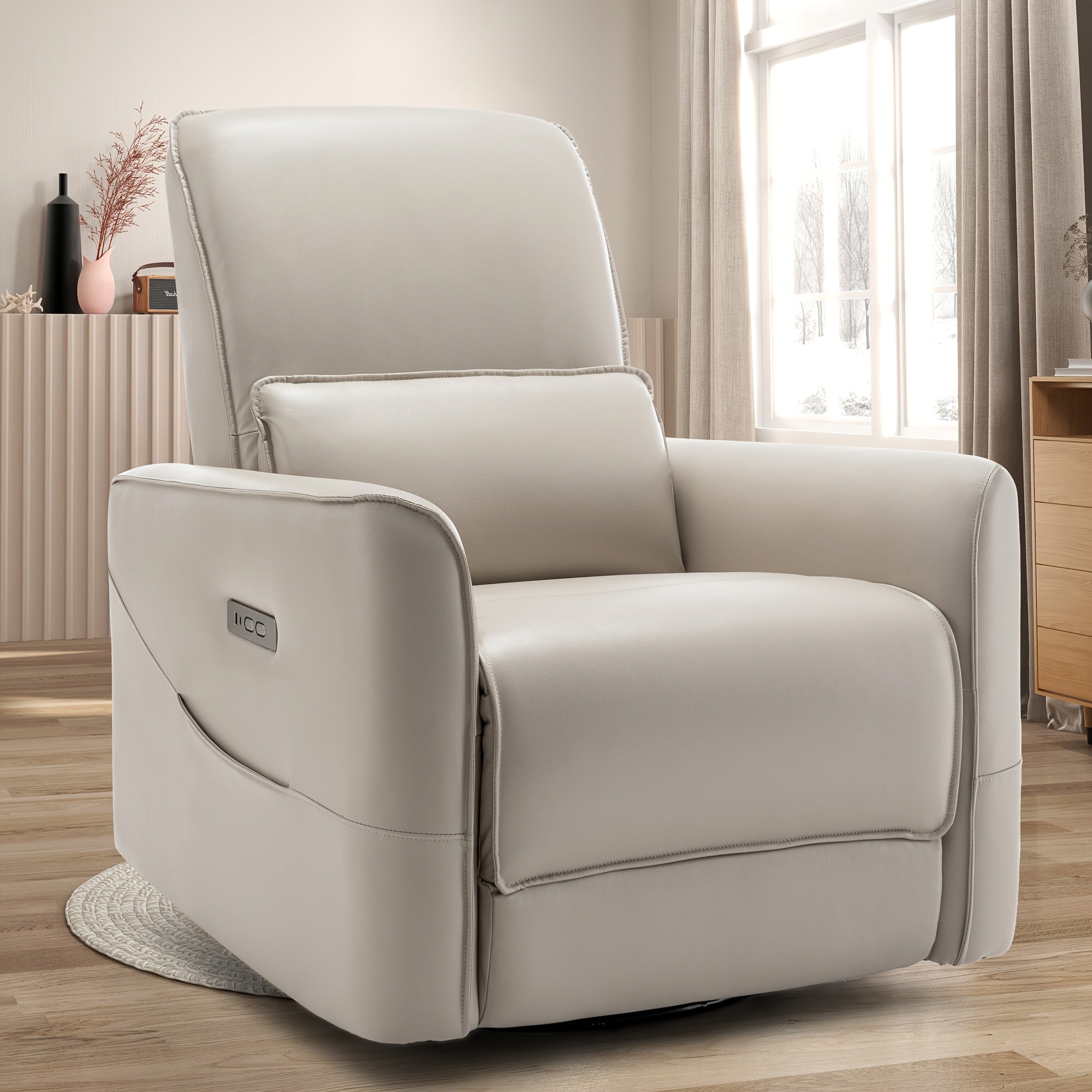 Recliners, Lazy Sofas, Power Rocking Chairs, Swivel Recliners With Low Backrest Support, Electric Faux Leather Recliners With Streamlined Side Pockets, And USB Ports For Bedrooms, Living Rooms, Light Grey