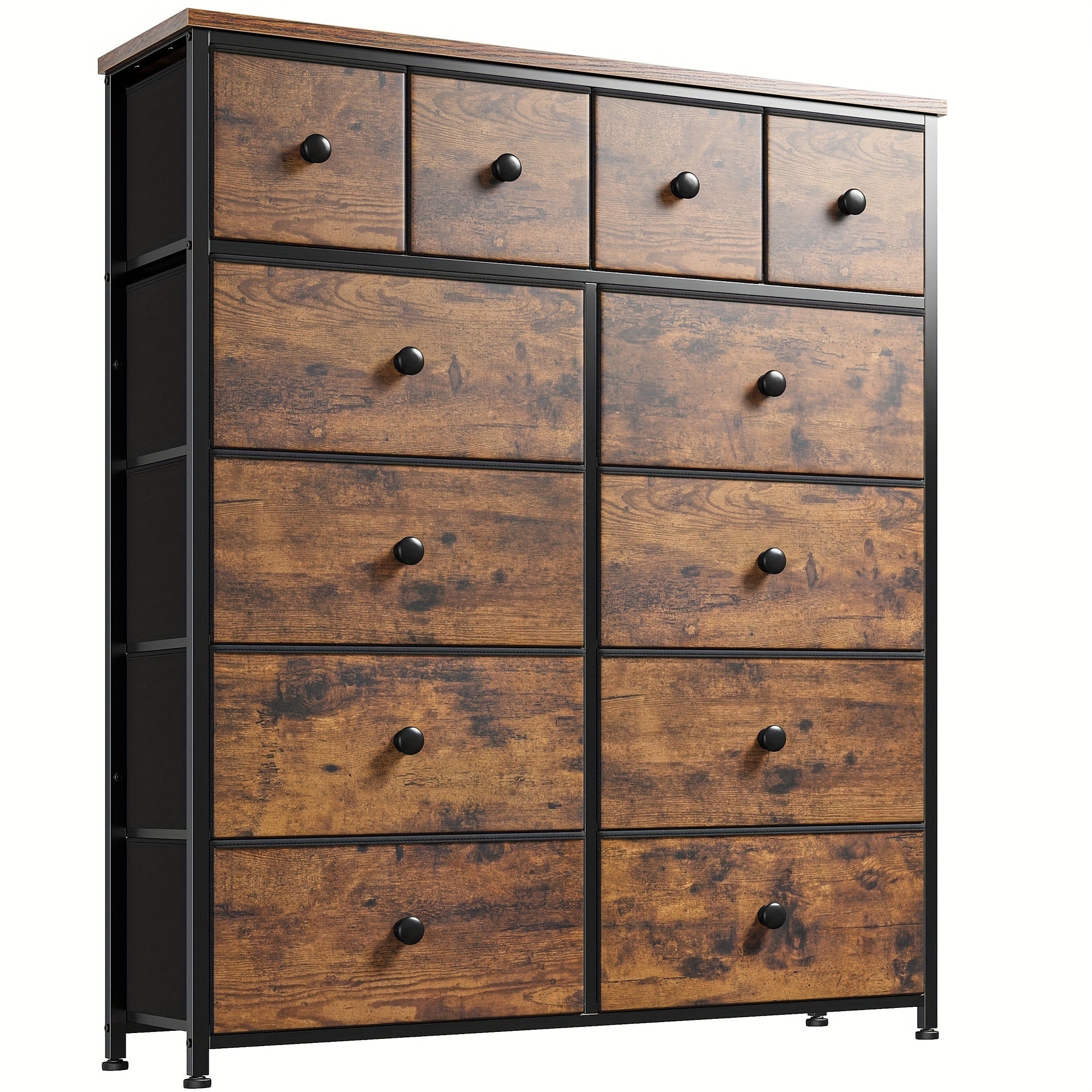 Dresser, 12 Drawer Dresser For Bedroom Fabric Dressers & Chests Of Drawers For Bedroom, Living Room, Wood Top Metal Frame, Rustic Brown