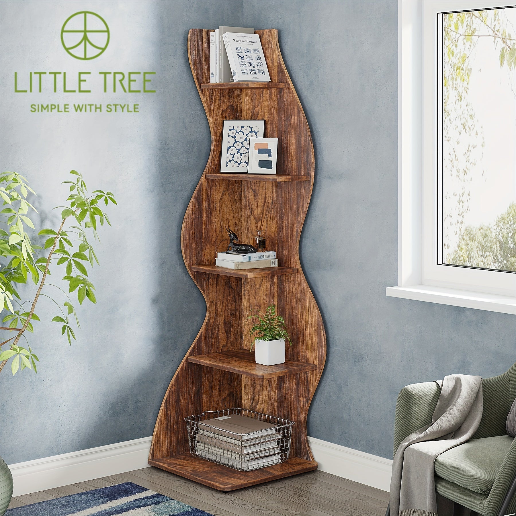 Rustic 5-Tier Wooden Corner Shelf - Space-Efficient Wall-Mounted Bookshelf with Unique Sea Grass Design Perfect