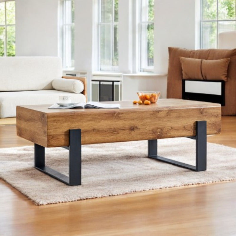 1pc Rustic Solid Wood Coffee Table with Metal Legs - Casual Style, Freestanding, Hard & Soft Wood Construction, Under 3.2 Cubic Feet Storage, Less Than 27 Inch Height