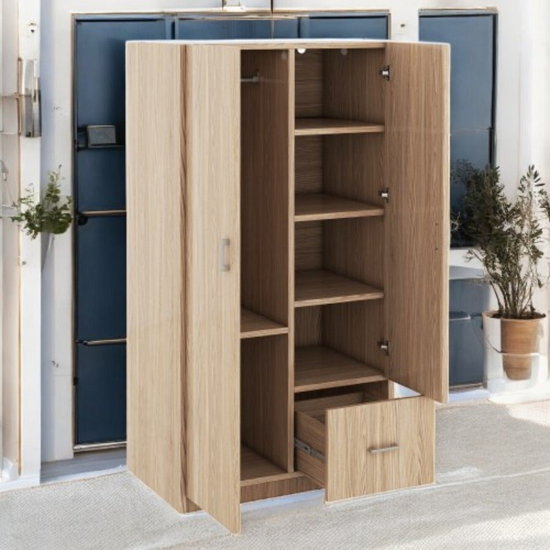 Double-Door Wardrobe with Hanging Rod 5 Fixed Shelves And 1 Storage Drawer for Ample Storage in Natural Finish